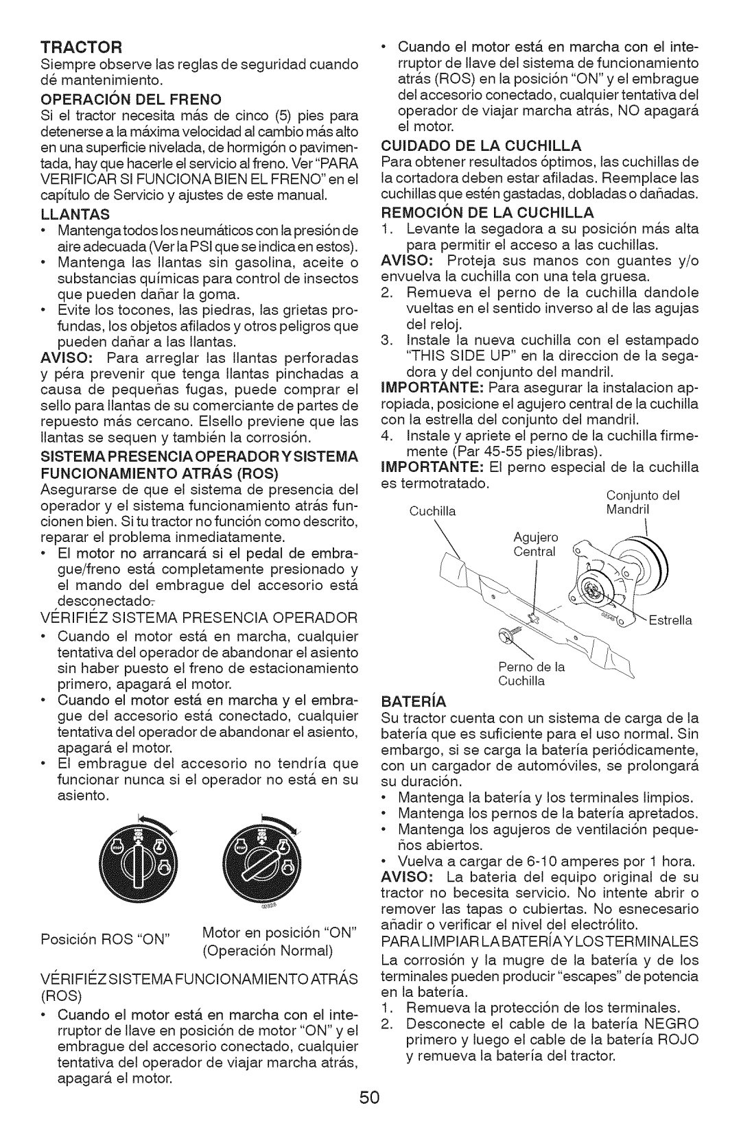 Craftsman 917.289070 Tractor, OPERAOI6N DEL Freno, Llantas, Funoionamiento ATR/S ROS, Verifiezsistema Presencia Operador 