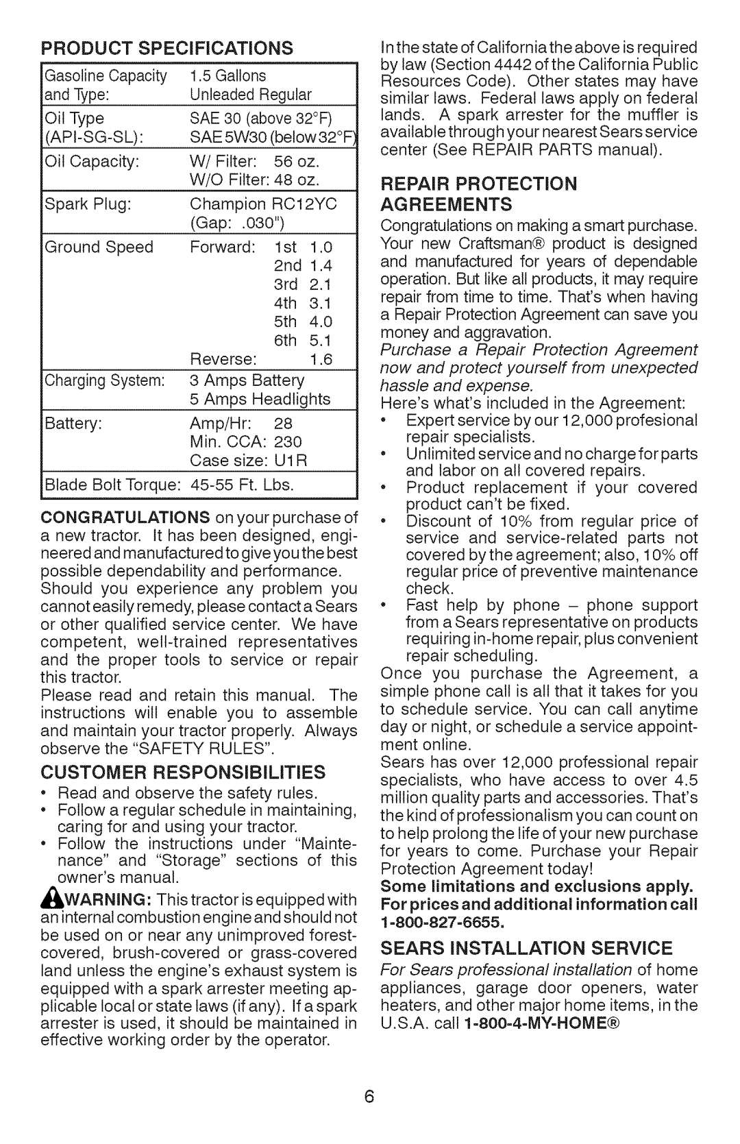 Craftsman 917.289070, 917.289072 Api-Sg-Sl, RC12YC, U1R, Customer Responsibilities, Repair Protection Agreements 