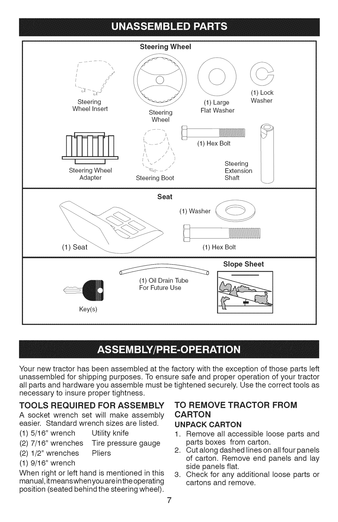 Craftsman 917.289071, 917.289072, 917.289070 Tools Required for Assembly, To Remove Tractor from Carton Unpack Carton 