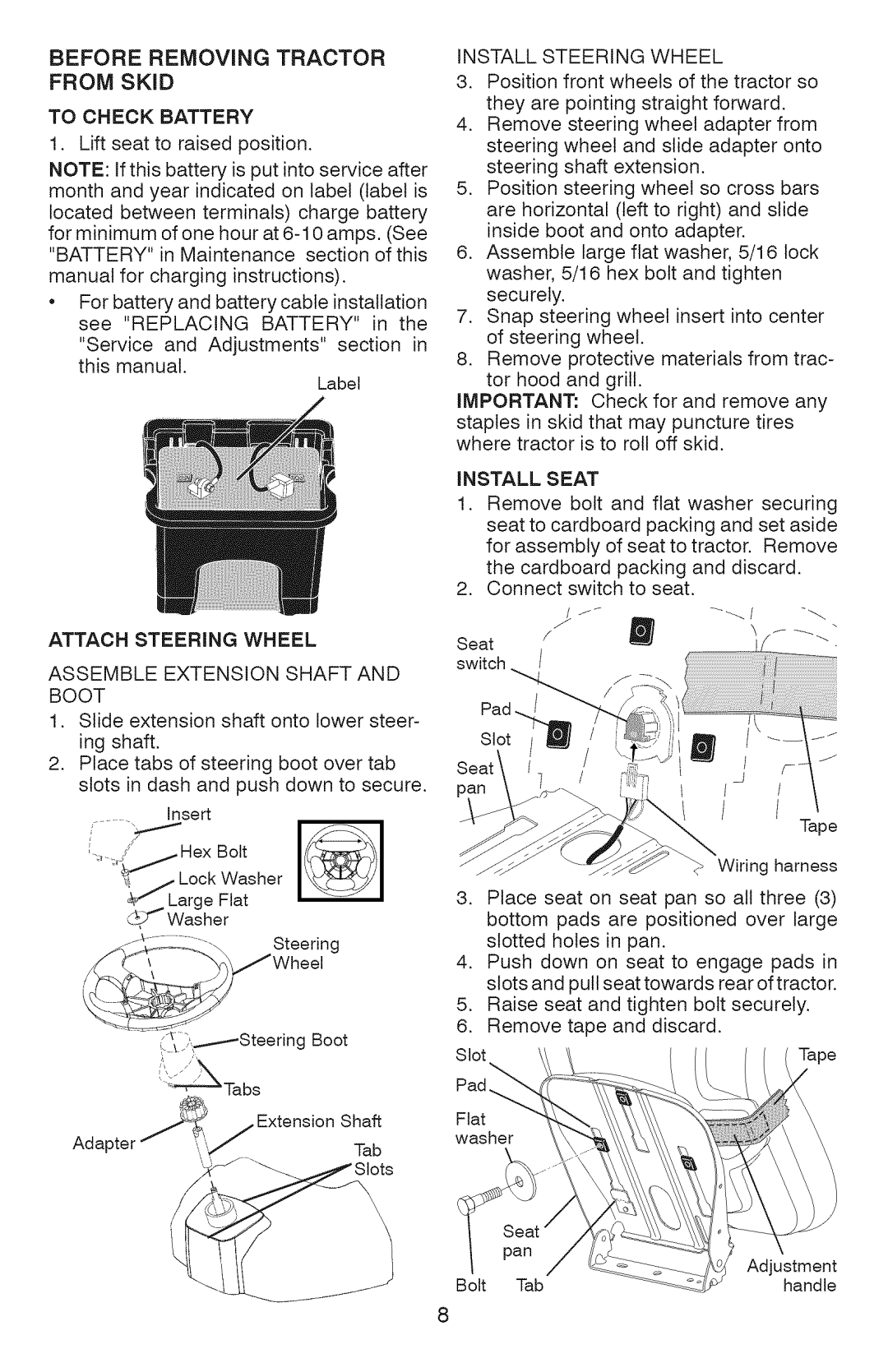 Craftsman 917.289072 To Check Battery, Attach Steering Wheel Assemble Extension Shaft and Boot, Install Steering Wheel 