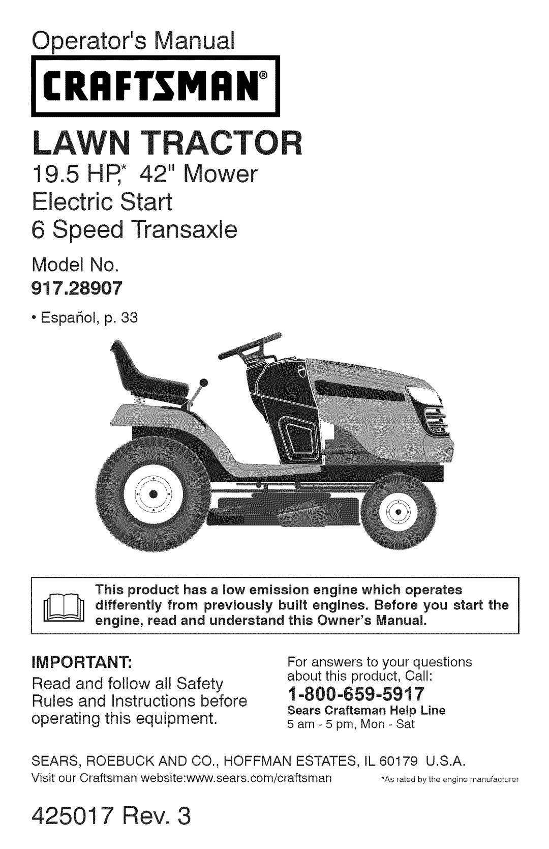 Craftsman 917.28907 owner manual Law Tractor, Operators Manual, 19.5HR* 42 Mower Electric Start 6 Speed Transaxle 