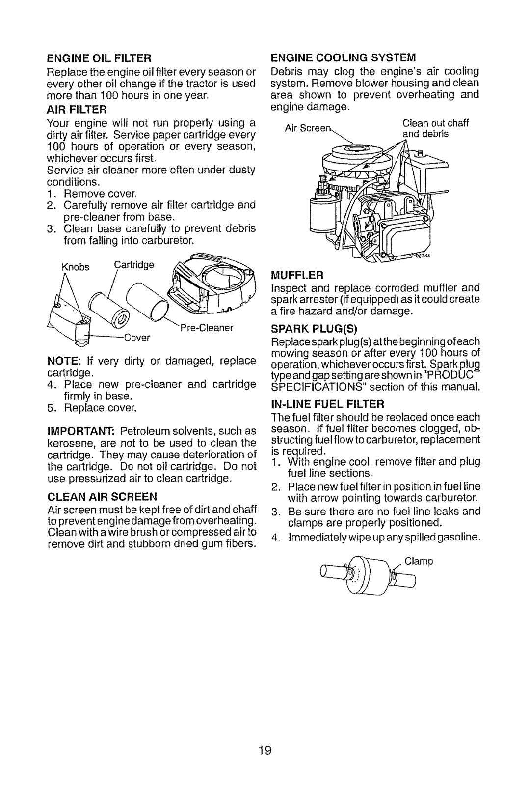 Craftsman 917.28914 owner manual Engine Cooling System, Muffler, Clean AIR Screen, Spark Plugs, IN-LINE Fuel Filter 