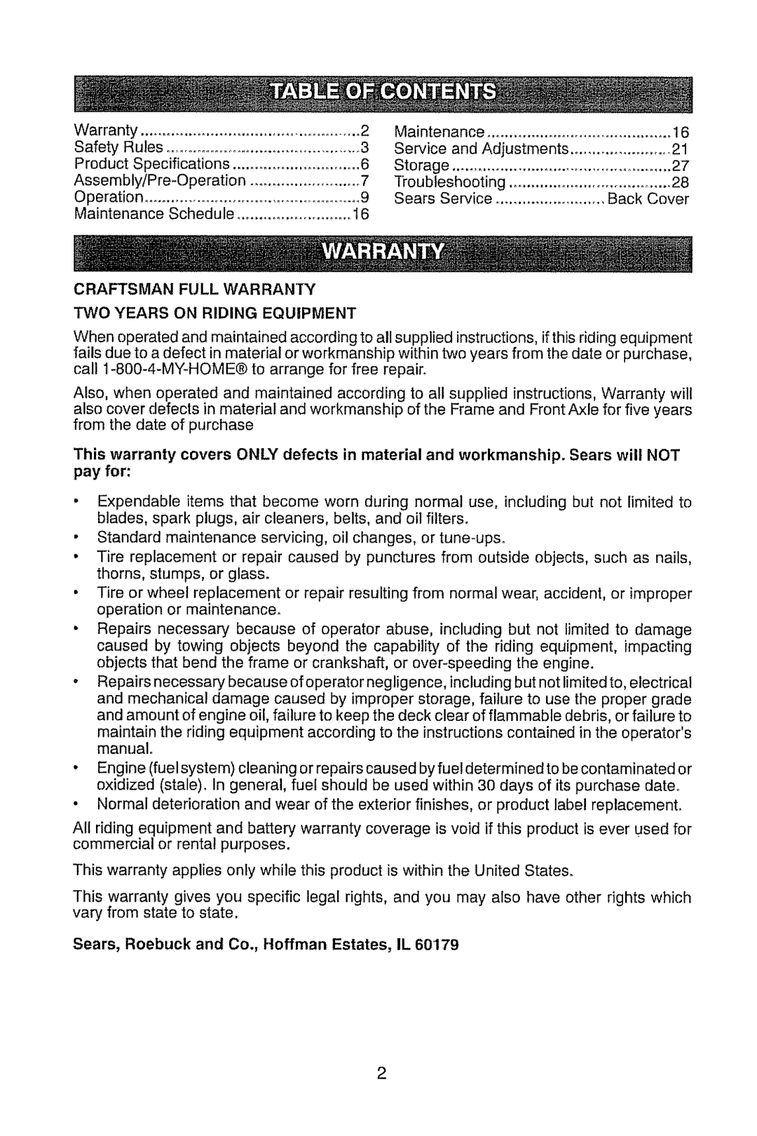 Craftsman 917.28914 Craftsman Full Warranty TWO Years on Riding Equipment, Sears, Roebuck and Co., Hoffman Estates, IL 