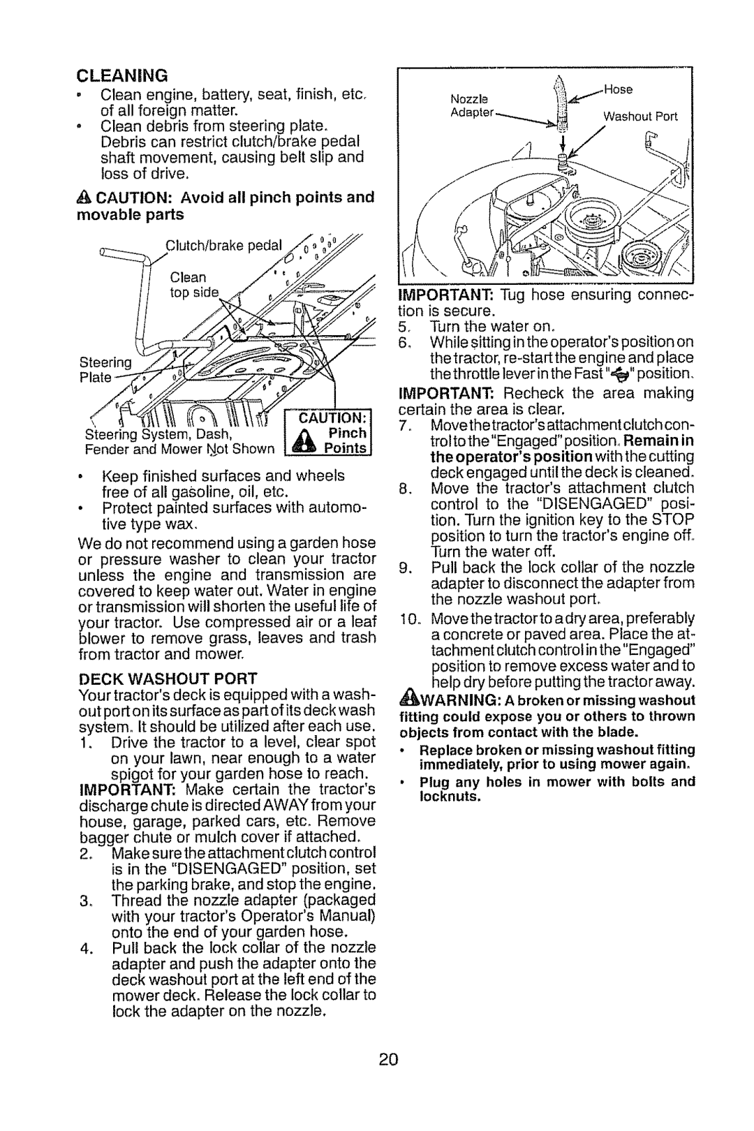 Craftsman 917.28914 owner manual Cleaning, Cution, Deck Washout Port 