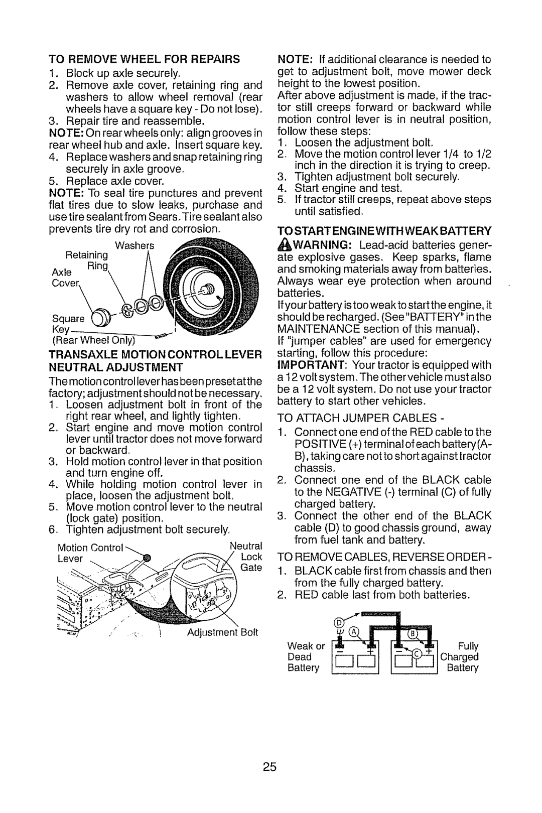 Craftsman 917.28914 owner manual To Remove Wheel for Repairs, Transaxle Motion Control Lever Neutral Adjustment 