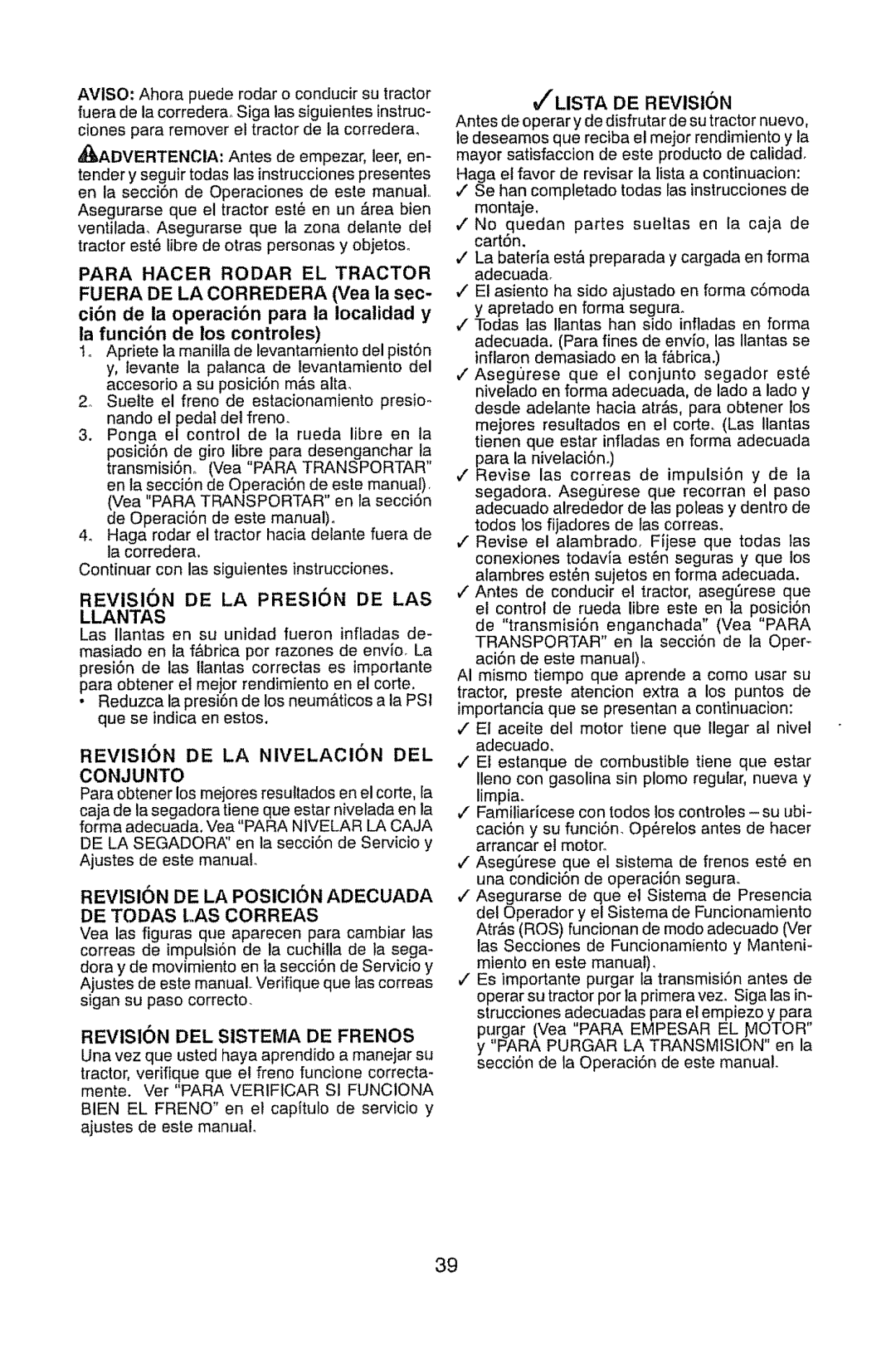 Craftsman 917.28914 owner manual Revision DE LA Presion DE LAS, Llantas, Revision DE LA Nivelacion DEL CON Junto 