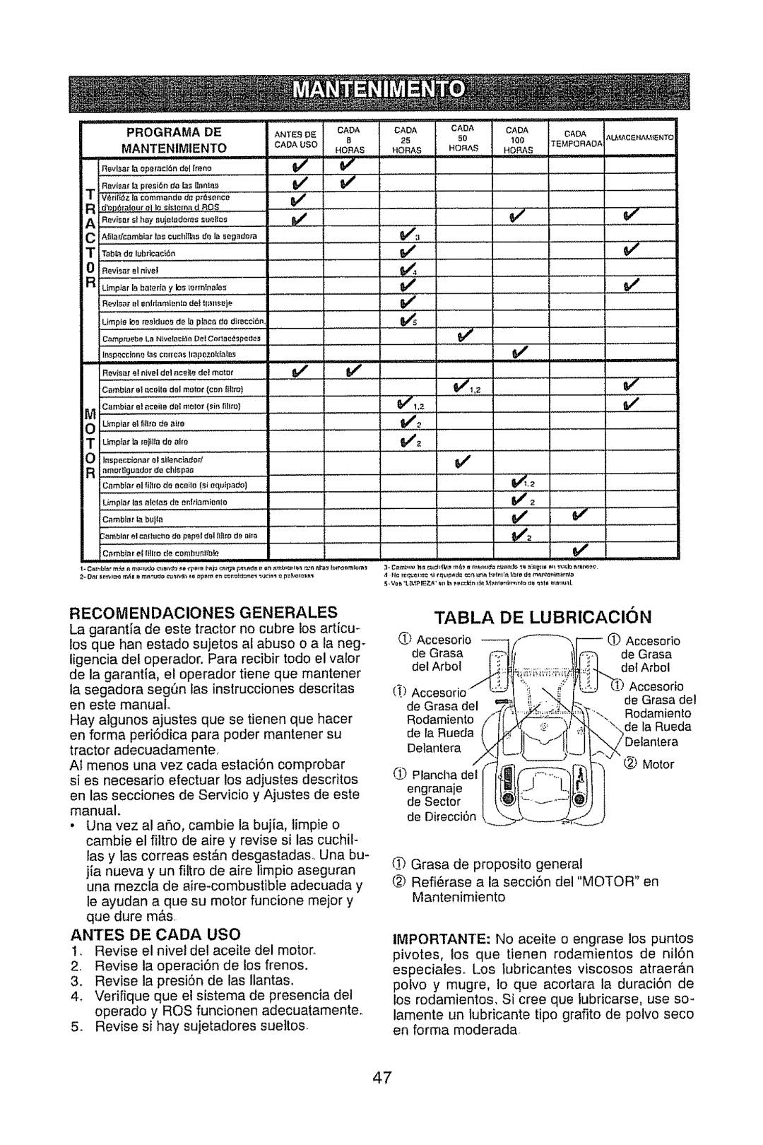 Craftsman 917.28914 owner manual Programade, Mantenimiento, Recomendaciones Generales, Antes DE Cada USO 