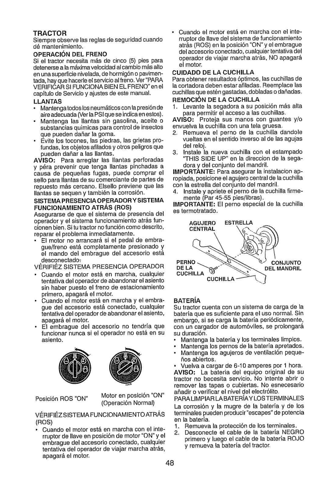 Craftsman 917.28914 owner manual Tractor, REMOCt6N DE LA Cuchilla, BATERiA 