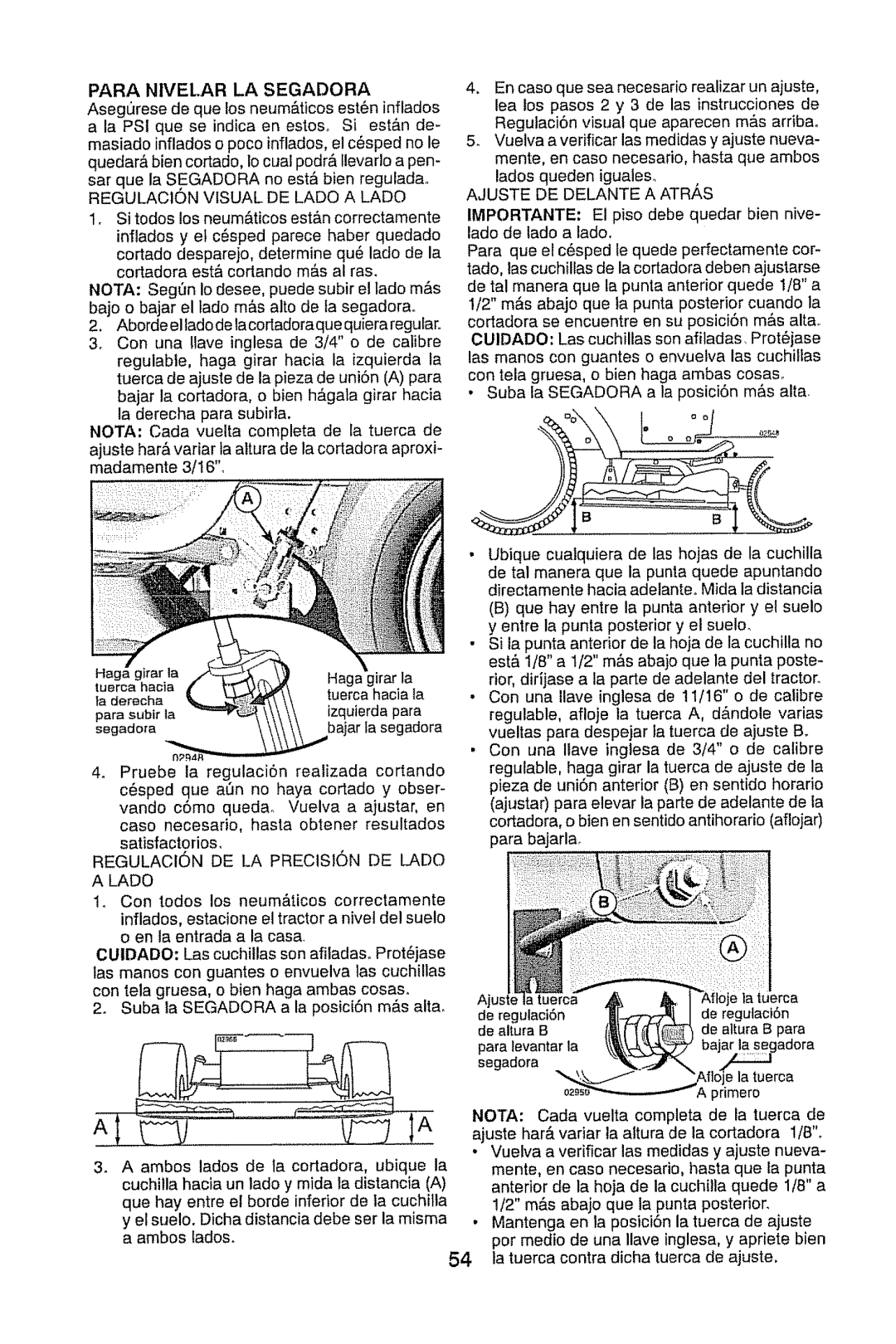 Craftsman 917.28914 owner manual Para Nivelar LA Segadora, Ajuste DE Delante a Atras 