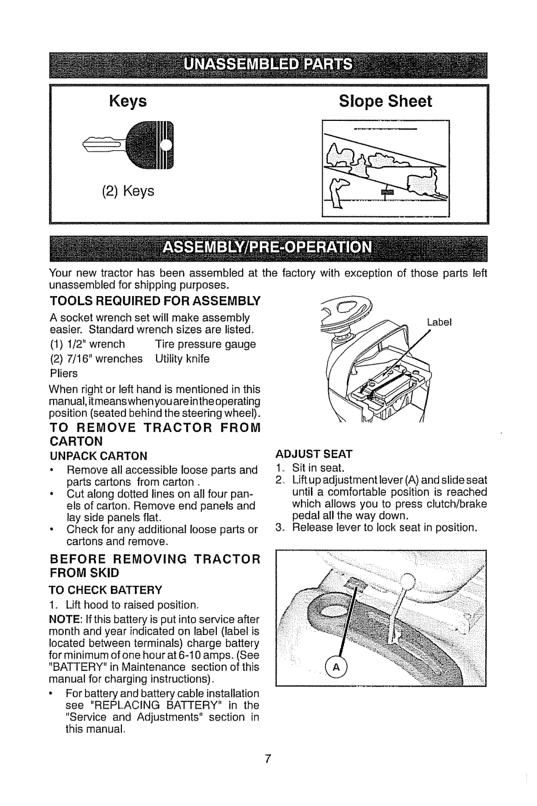 Craftsman 917.28914 owner manual To Remove Tractor from Carton Unpack Carton, To Check Battery 