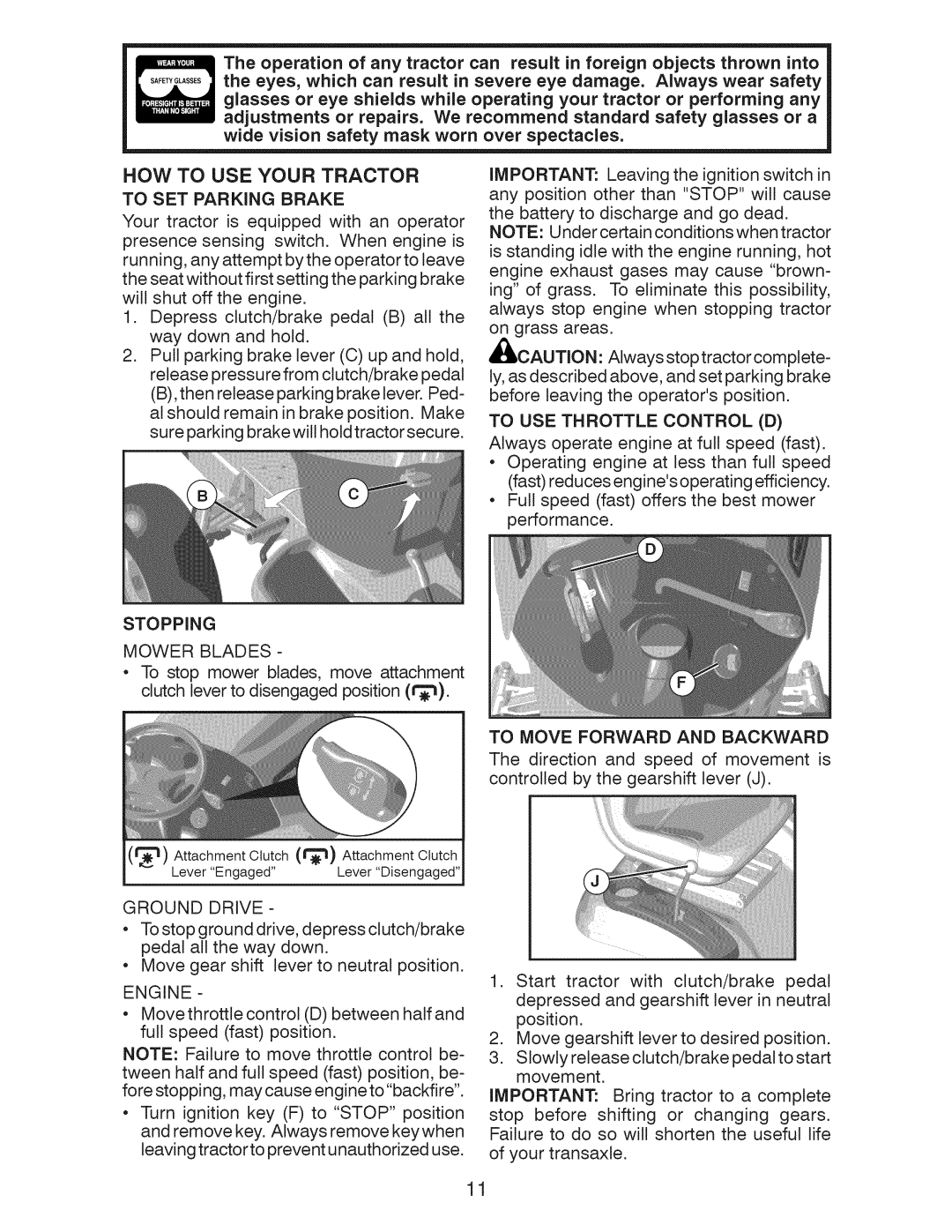 Craftsman 917.289210, 917.289211 HOW to USE Your Tractor, To SET Parking Brake, Stopping, To Move Forward and Backward 