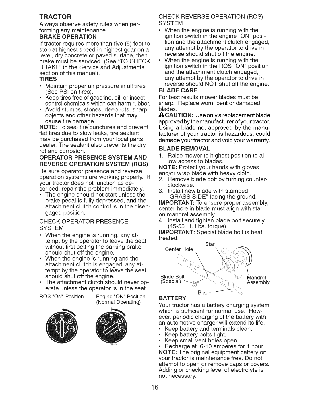 Craftsman 917.289210, 917.289211, 917.289213, YT 3000 manual Tires, Operator Presence System Reverse Operation System ROS 