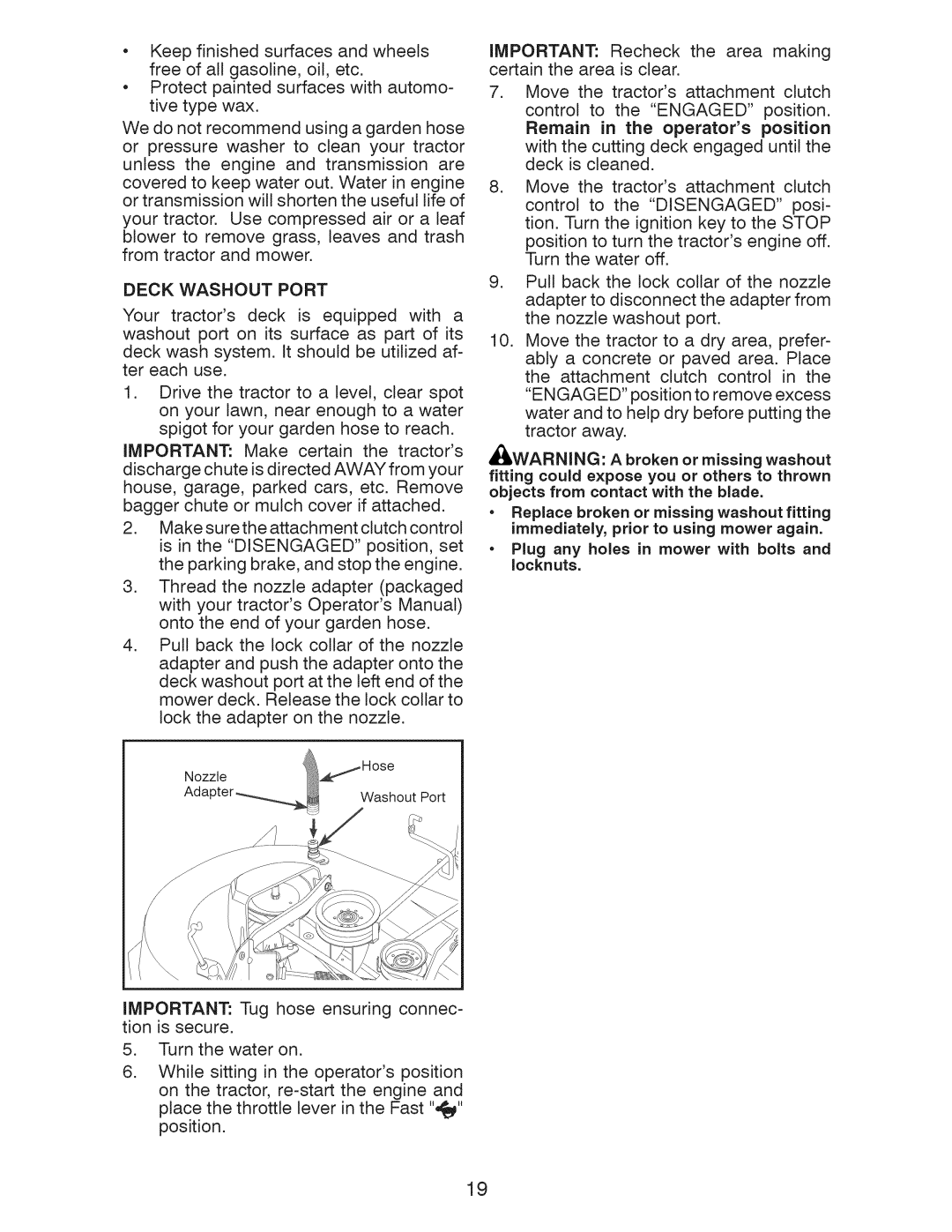 Craftsman YT 3000, 917.289211, 917.289210, 917.289213 Important Tug hose ensuring connec- tion is secure, Deck Washout Port 