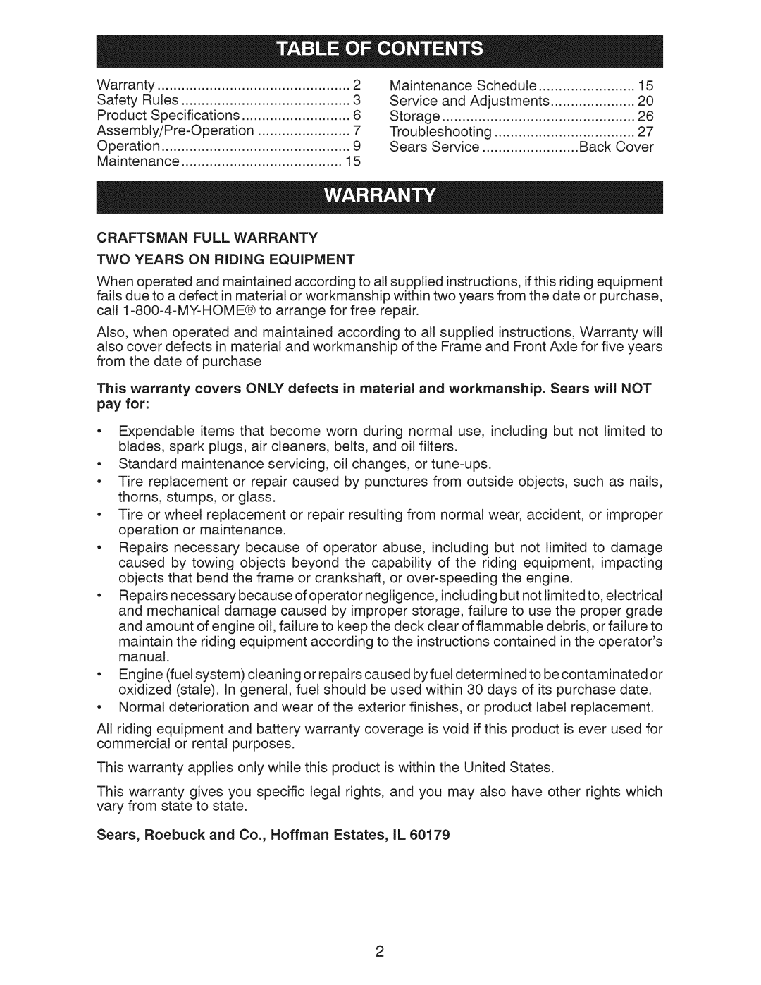 Craftsman 917.289213, 917.289211, 917.289210, YT 3000 manual Craftsman Full Warranty TWO Years on Riding Equipment 