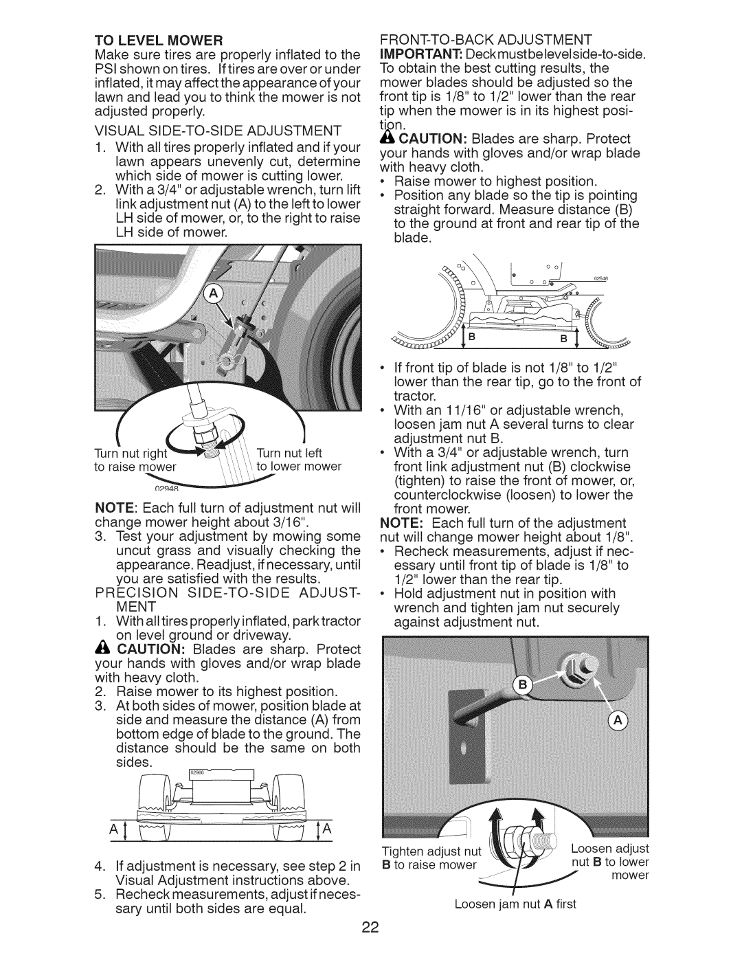 Craftsman 917.289213, 917.289211, 917.289210 manual To Level Mower, Visual SIDE-TO-SIDE Adjustment, FRONT-TO-BACK Adjustment 