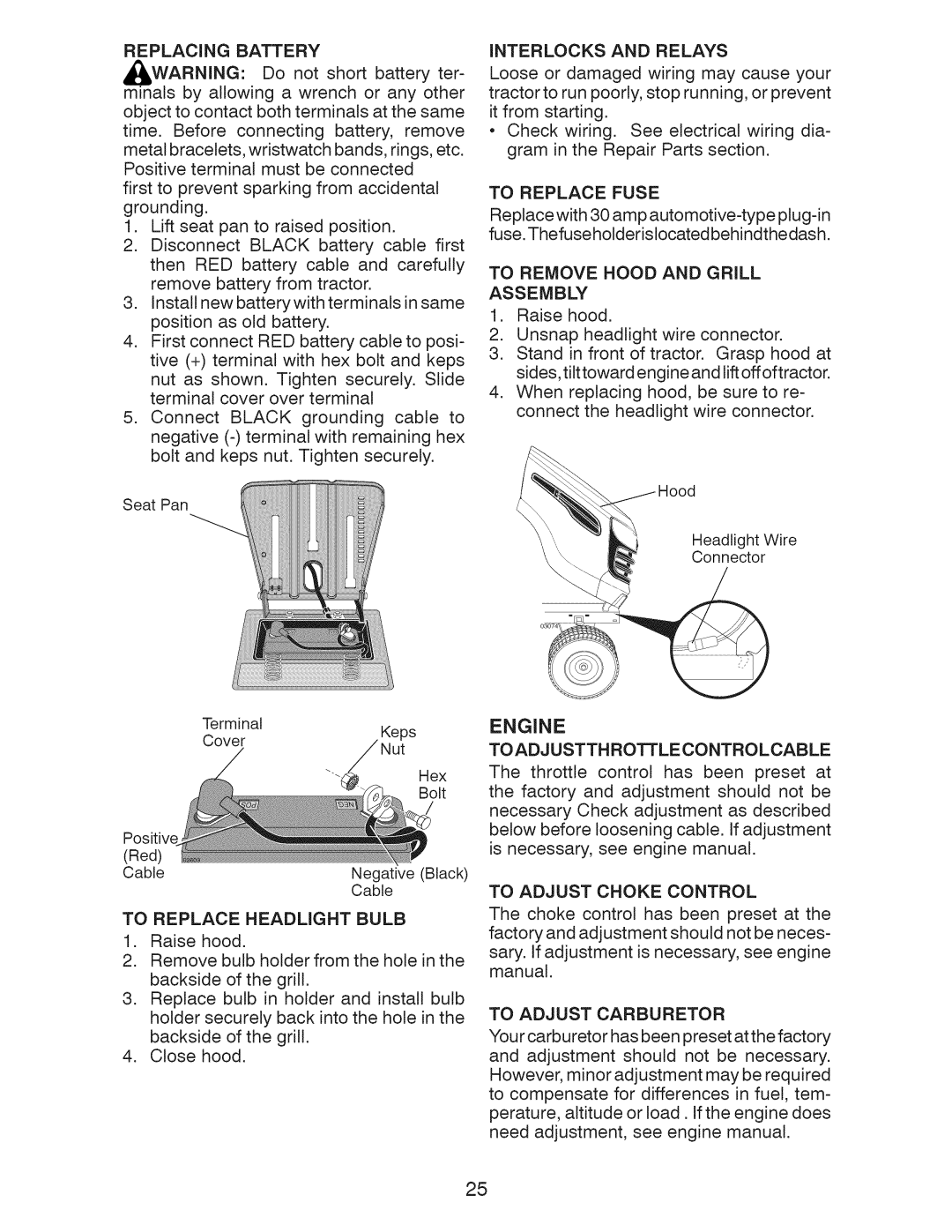 Craftsman 917.289211, 917.289210 manual To Adjust Choke Control, Replacing Battery, Interlocks and Relays, To Replace Fuse 