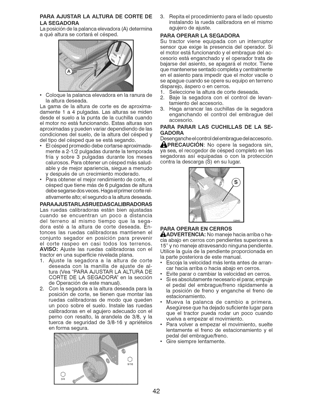 Craftsman 917.289213, 917.289211 Para Operar LA Segadora, Para Parar LAS Cuchillas DE LA SE, Gadora, Para Operar EN Cerros 