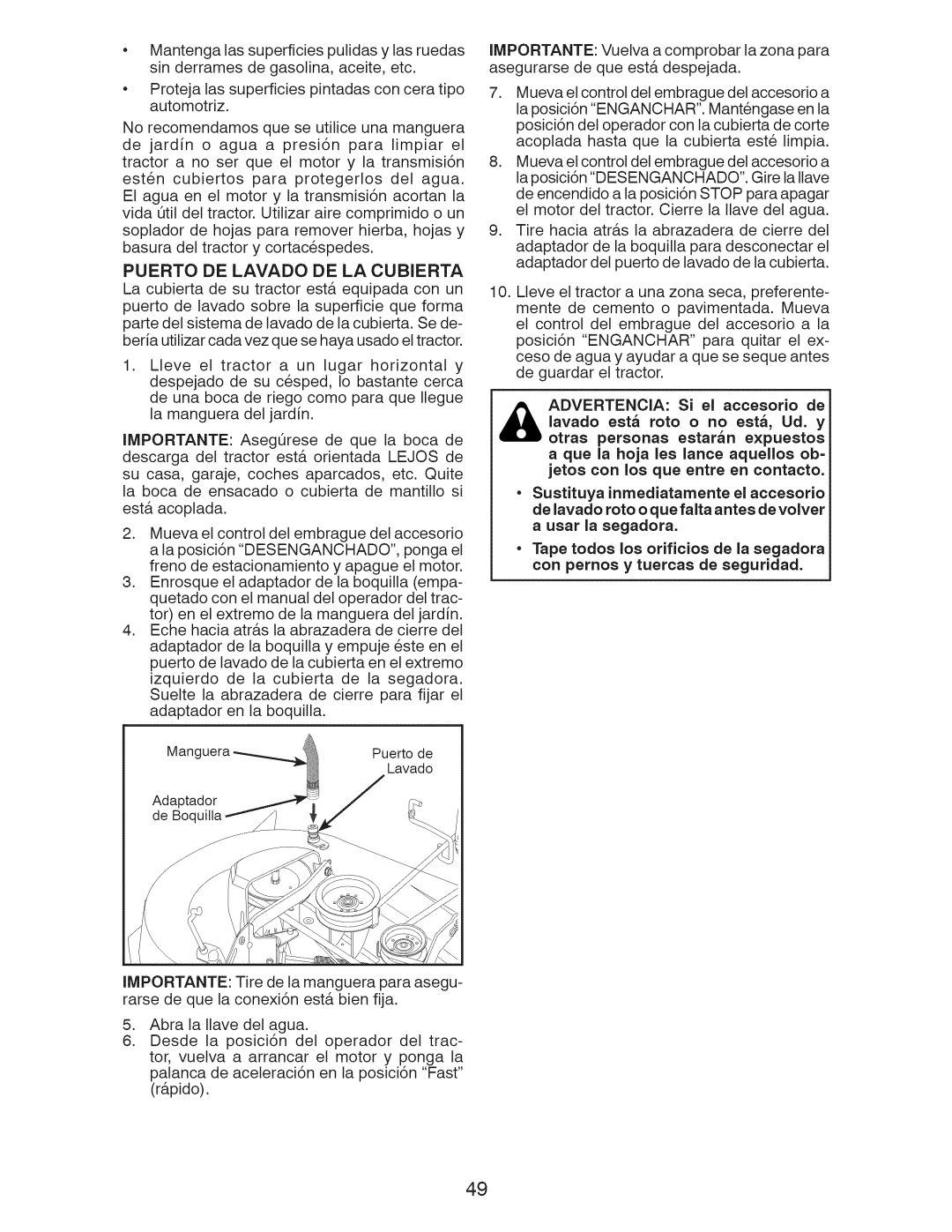 Craftsman YT 3000, 917.289211, 917.289210, 917.289213 manual Manguera Puerto de Lavado Adaptador de Boq 