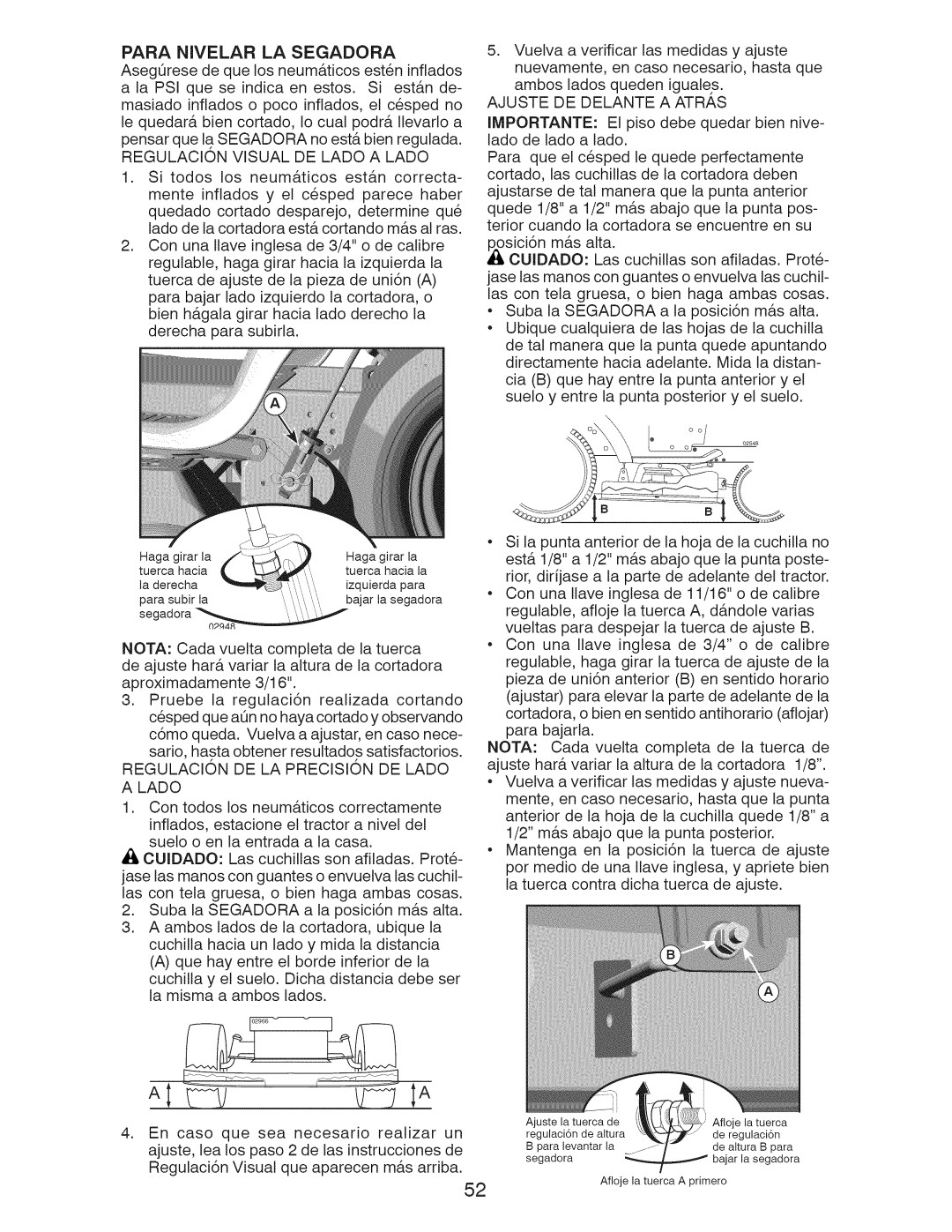 Craftsman 917.289213, 917.289211 Para Nivelar LA Segadora, Regulacion Visual DE Lado a Lado, Ajuste DE Delante a Atras 