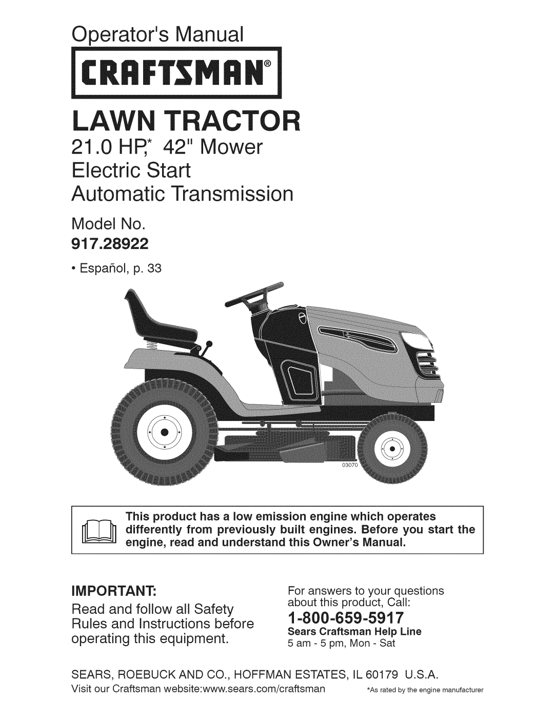 Craftsman 917.28922 owner manual LAW Tracto, SEARS, Roebuckand CO., Hoffman ESTATES, IL 60179 U.S.A 