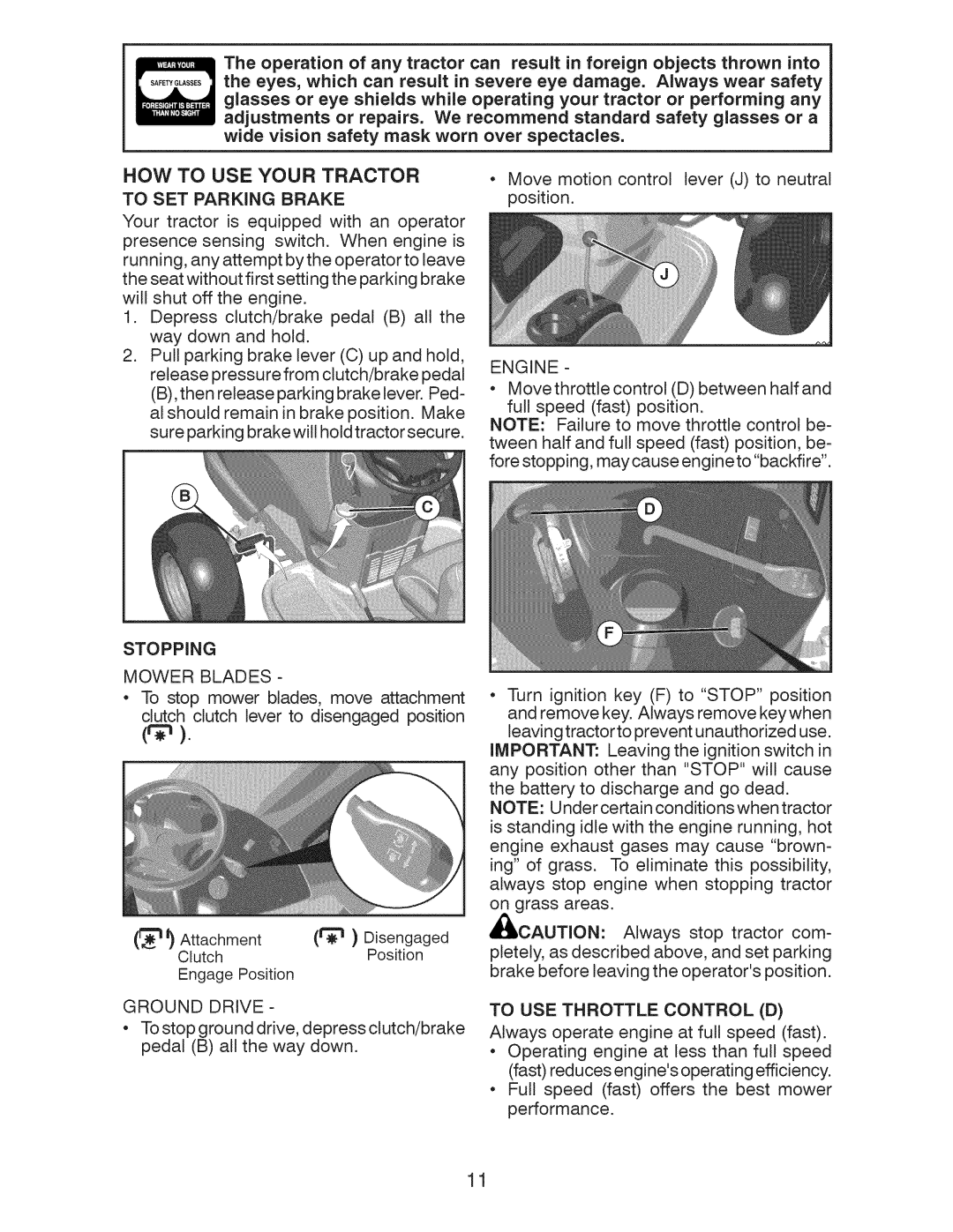 Craftsman 917.28922 owner manual HOW to USE Your Tractor, To SET Parking Brake, Stopping 