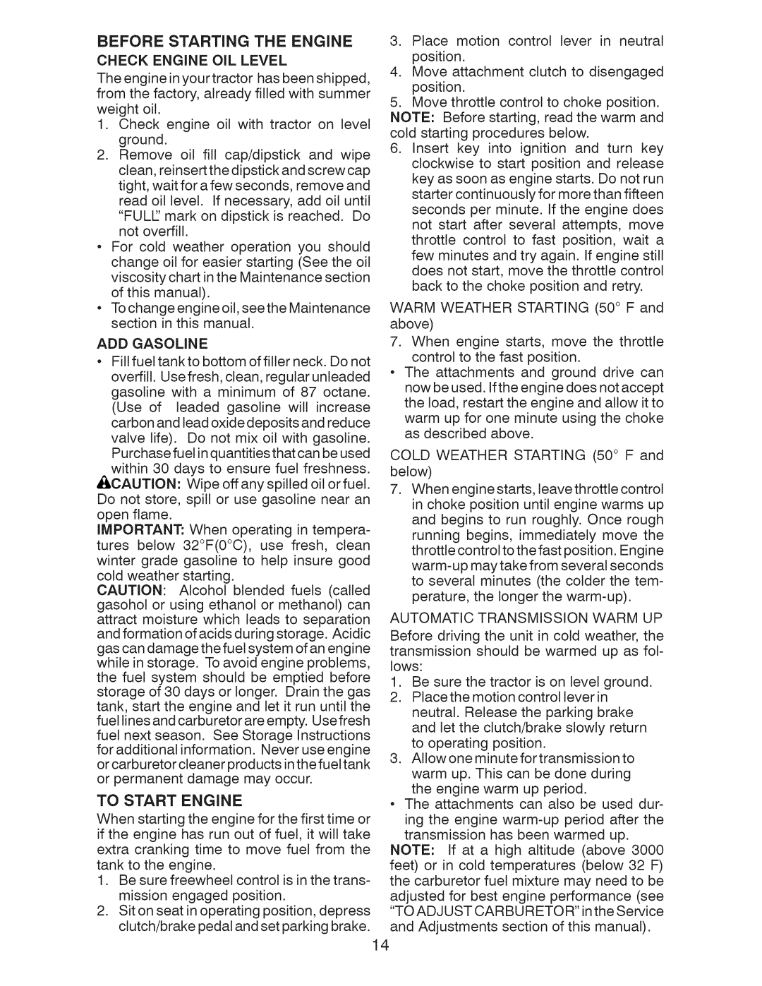 Craftsman 917.28922 Before Starting the Engine, To Start Engine, Automatic Transmission Warm UP, Check Engine OIL Level 