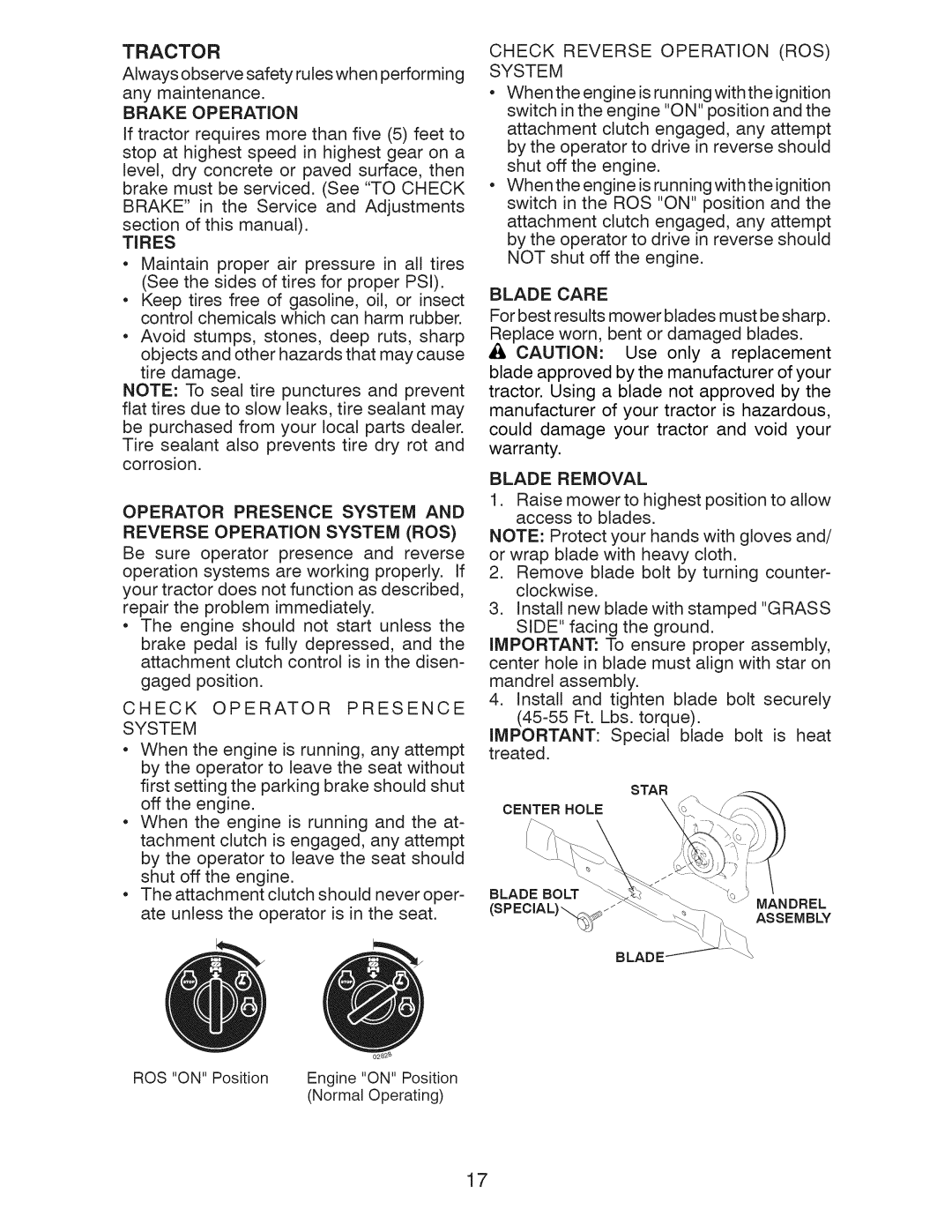 Craftsman 917.28922 owner manual Tractor, Brake Operation, Tires, Operator Presence System and Reverse Operation System ROS 