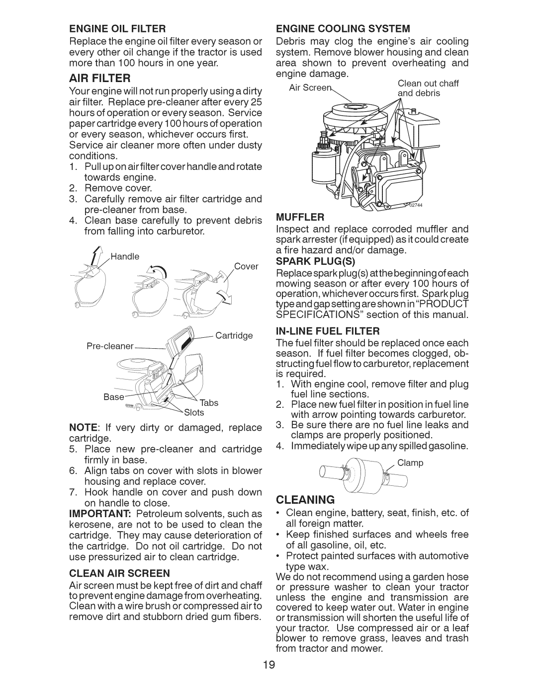 Craftsman 917.28922 owner manual AIR Filter, Engine Cooling System, Muffler, Spark Plugs, IN-LINEFUEL Filter 