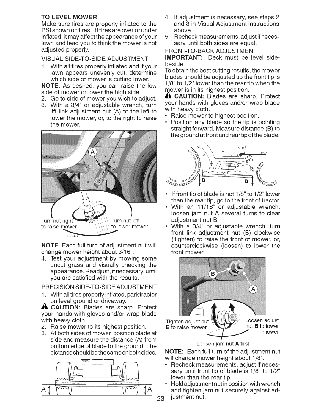 Craftsman 917.28922 owner manual Visual SIDE-TO-SIDE Adjustment, FRONT-TO-BACK Adjustment, To Level Mower 