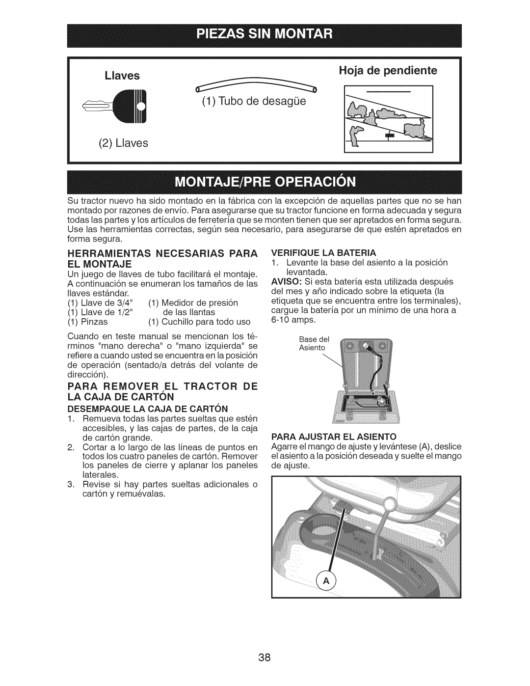 Craftsman 917.28922 owner manual Herramientas Necesarias Para EL Montaje, Para Remover EL Tractor DE, Verifique LA Bateria 