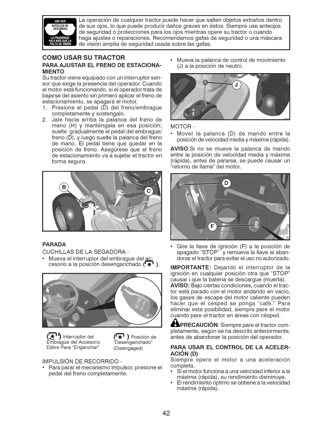 Craftsman 917.28922 owner manual Como Usar SU Tractor, Miento, Parada 