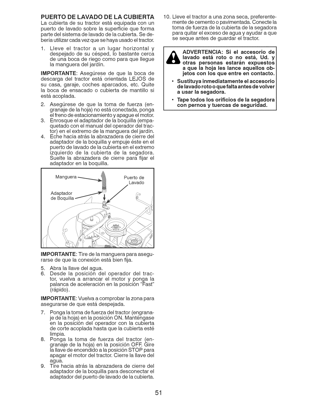 Craftsman 917.28922 owner manual Manguera Puerto de Lavado Adaptador de Boq 