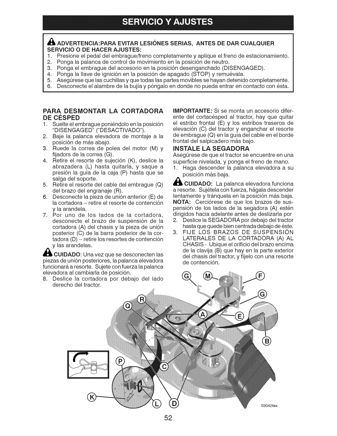 Craftsman 917.28922 owner manual DE Cesped, Para Desmontar LA Cortadora, Instale LA Segadora 