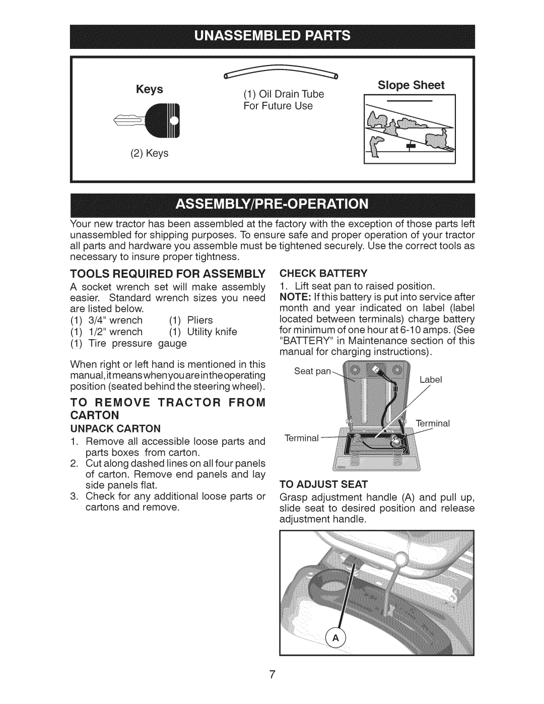 Craftsman 917.28922 owner manual Tools Required for Assembly, To Remove Tractor from Carton, Unpack Carton, To Adjust Seat 