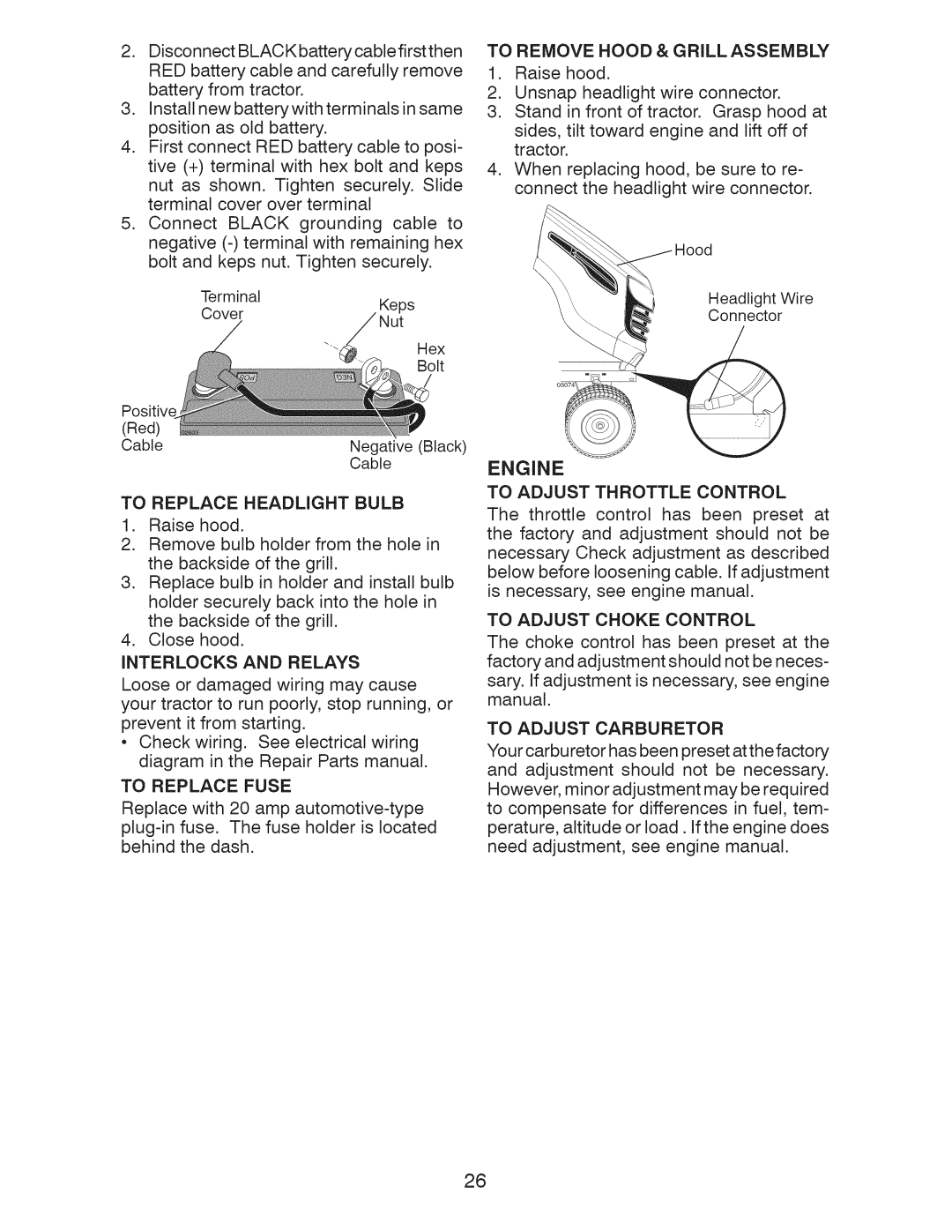 Craftsman 917.28922 owner manual To Replace Headlight Bulb, Interlocks And Relays, To Remove Hood & Grill Assembly 