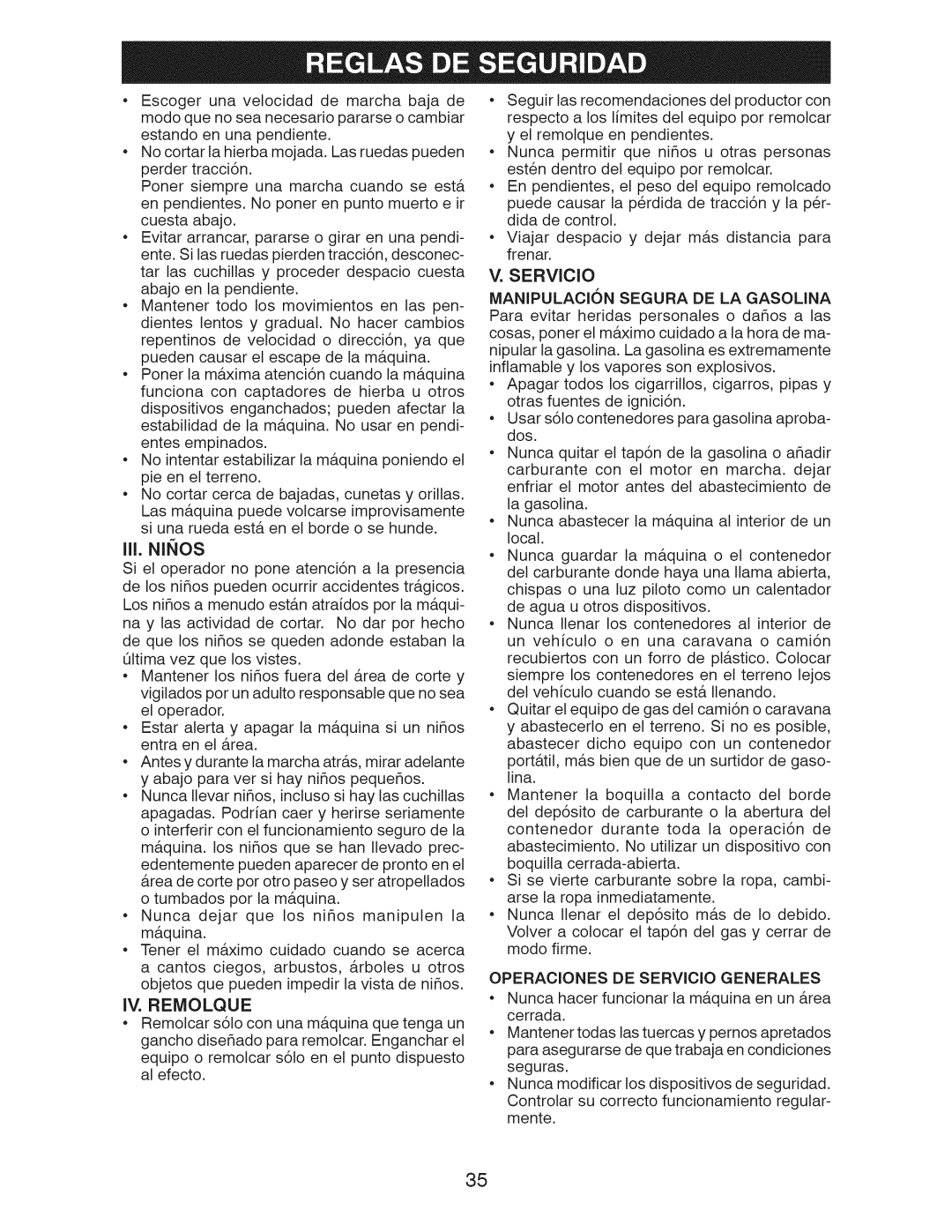 Craftsman 917.28922 owner manual Iii.Nii_Os, Iv. Remolque, V. SERVlCIO MANIPULACION SEGURA DE LA GASOLINA 