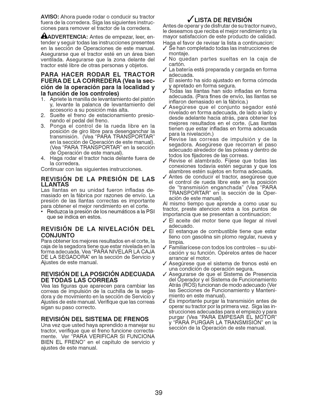 Craftsman 917.28922 owner manual Revision Del Sistema De Frenos 