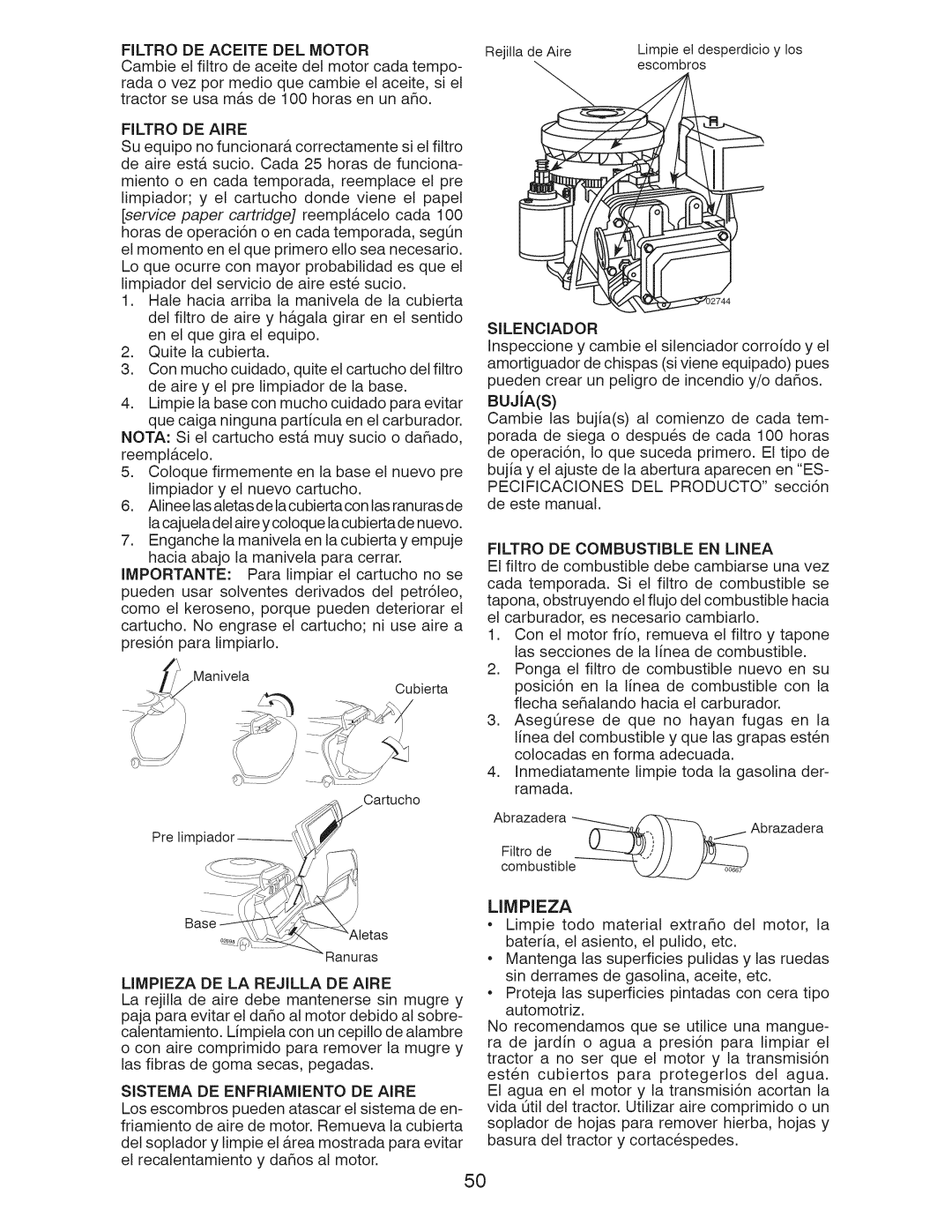 Craftsman 917.28922 owner manual BUJiAS, Limpieza 