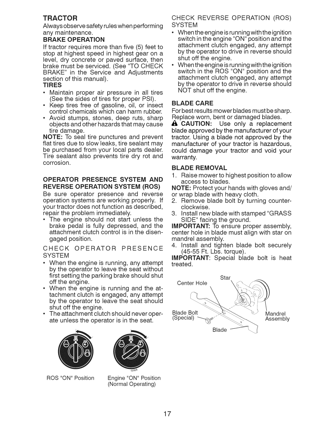 Craftsman 917.289240 Tractor, Brake Operation, Tires, Operator Presence System and Reverse Operation System ROS 