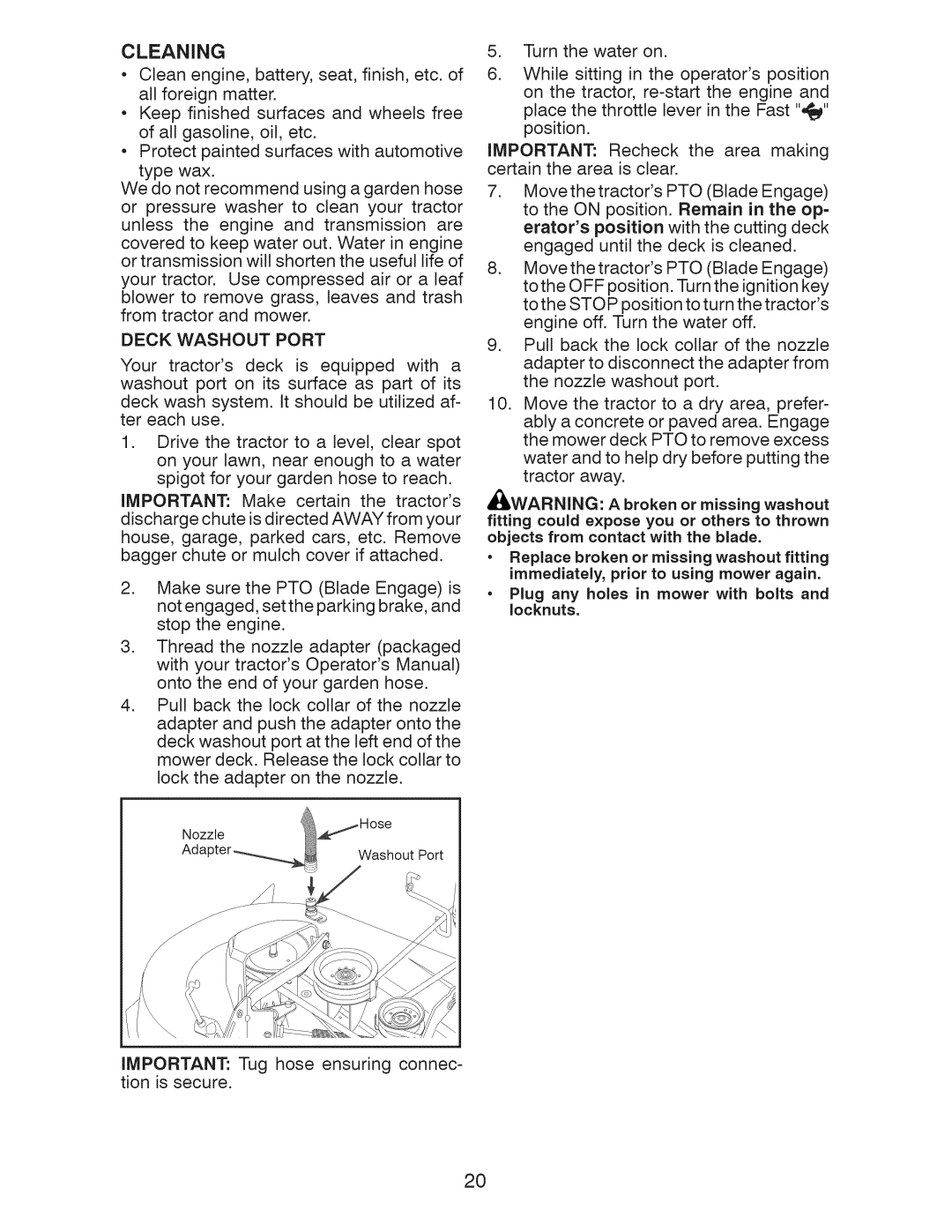 Craftsman 917.289240 owner manual Cleaning, Deck Washout Port 