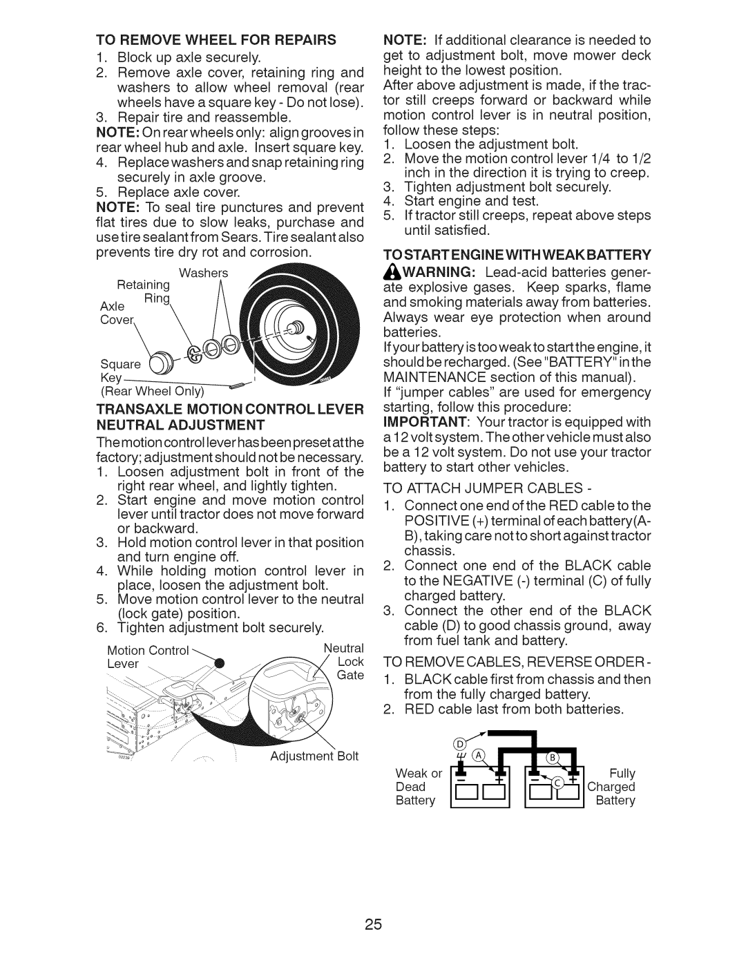 Craftsman 917.289240 owner manual To Remove Wheel for Repairs, Transaxle Motion Control Lever Neutral Adjustment 