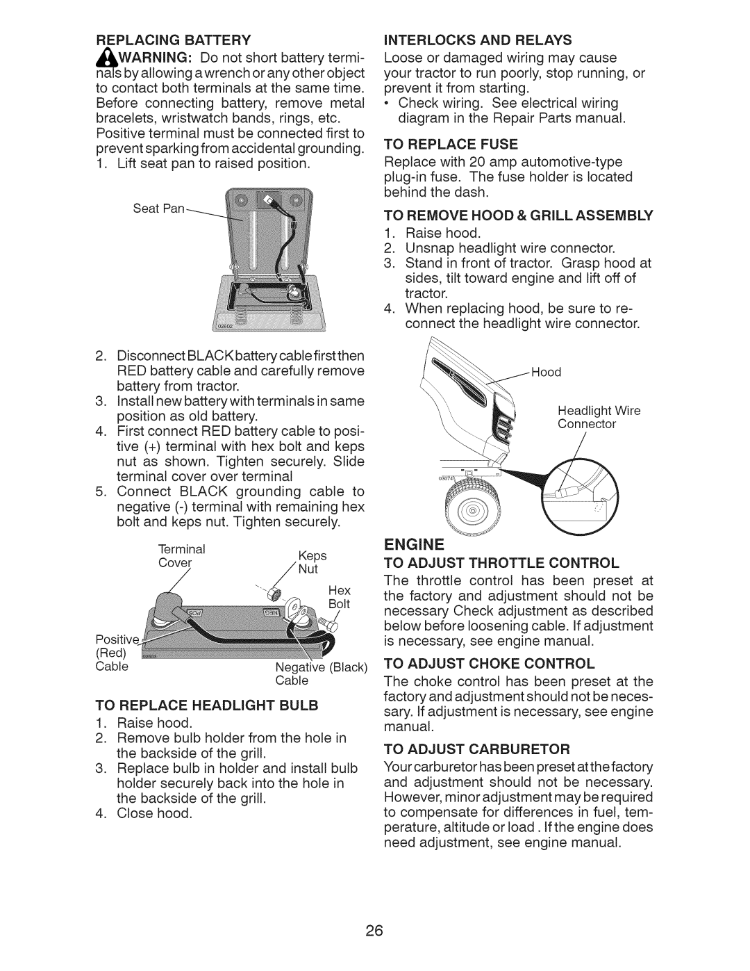 Craftsman 917.289240 owner manual To Remove Hood & Grill Assembly, Replacing Battery, Interlocks and Relays 