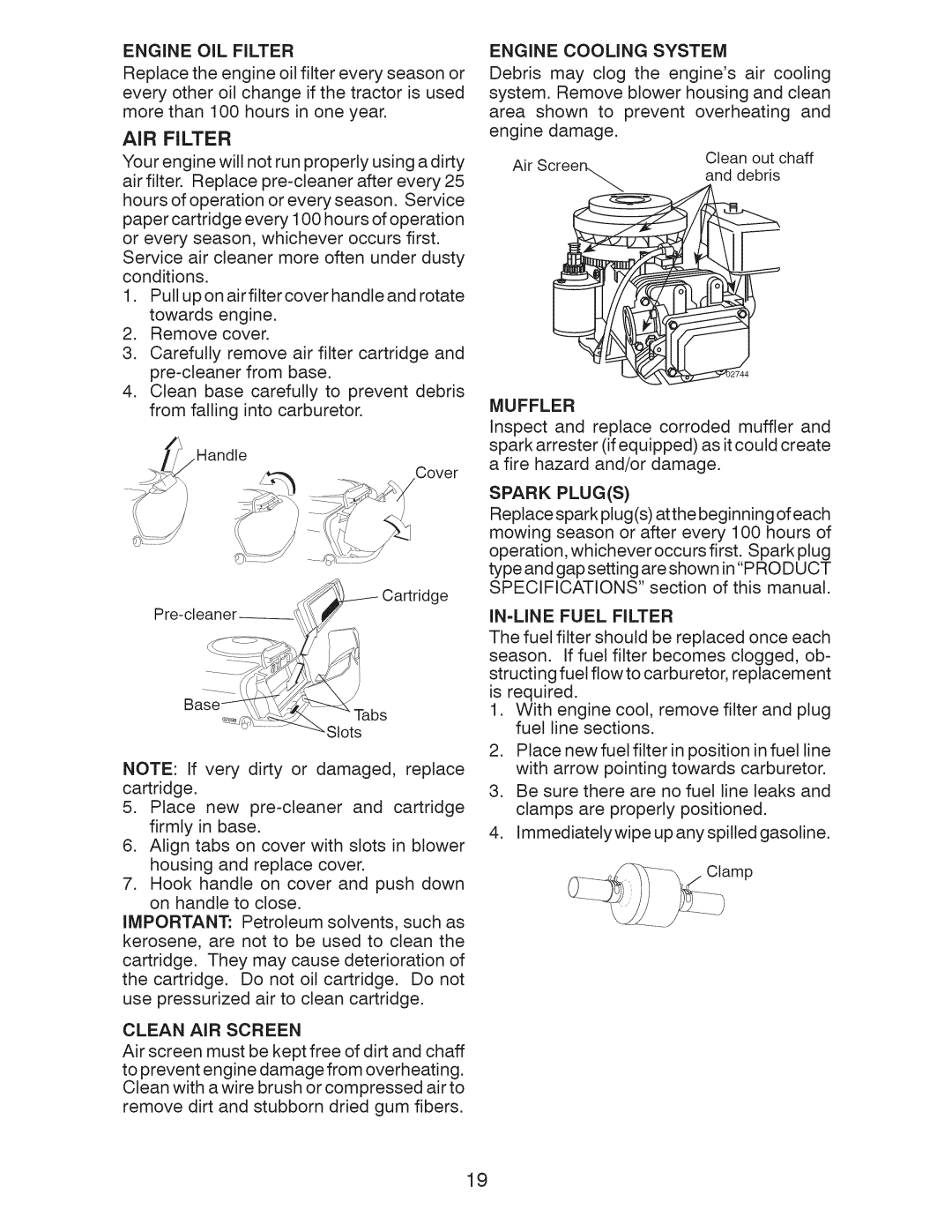 Craftsman 917.289240 owner manual Air Filter, Engine Cooling System, Spark Plugs 