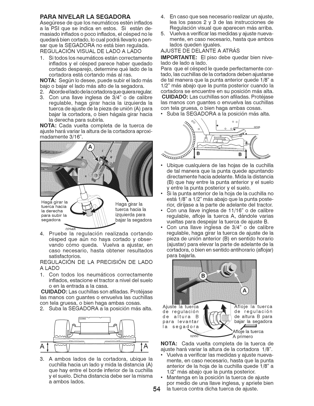 Craftsman 917.289240 owner manual ASlA, Para Nivelar La Segadora, f 