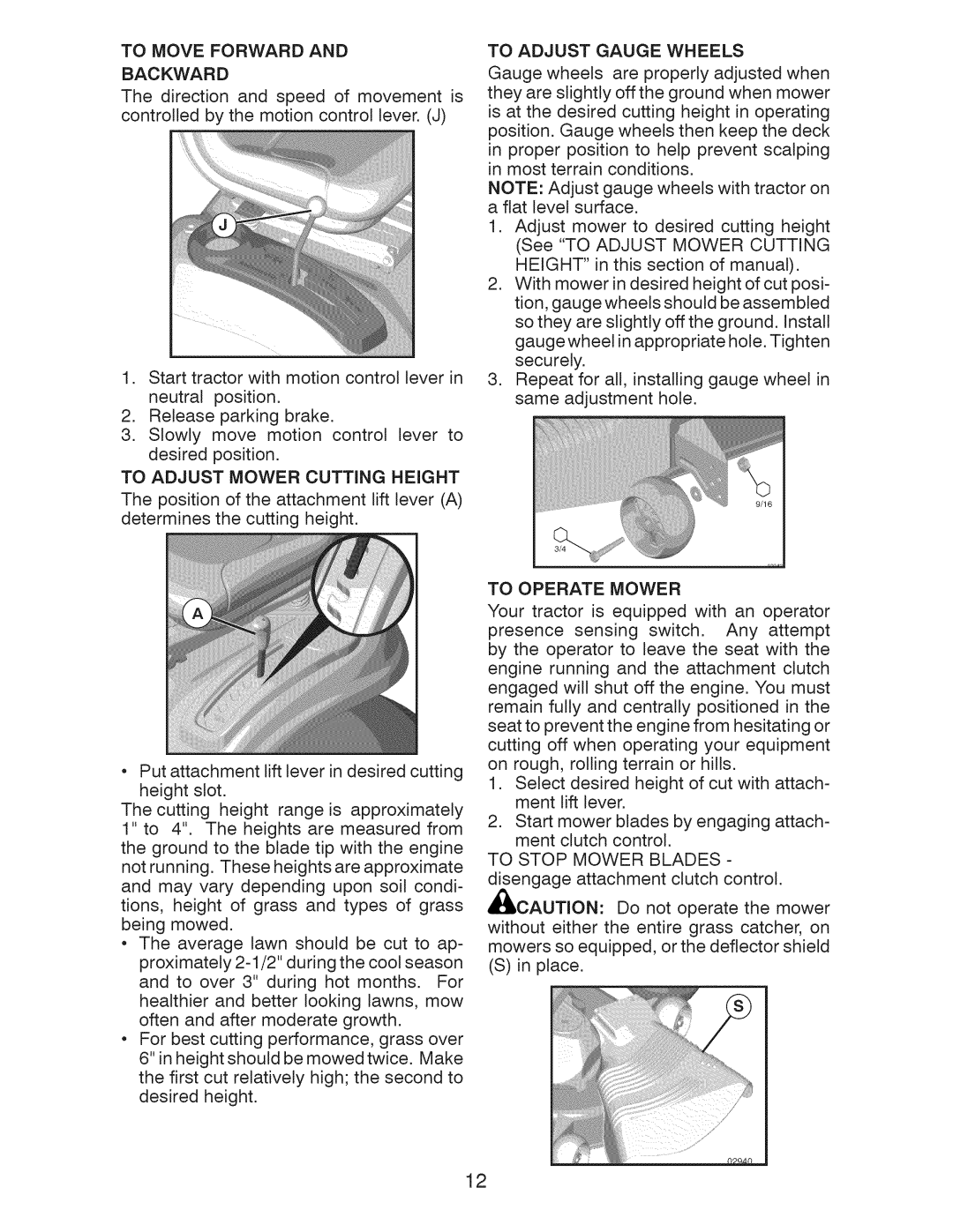 Craftsman 917.289243 To Move Forward Backward, To Adjust Mower Cutting Height, To Operate Mower, To Adjust Gauge Wheels 