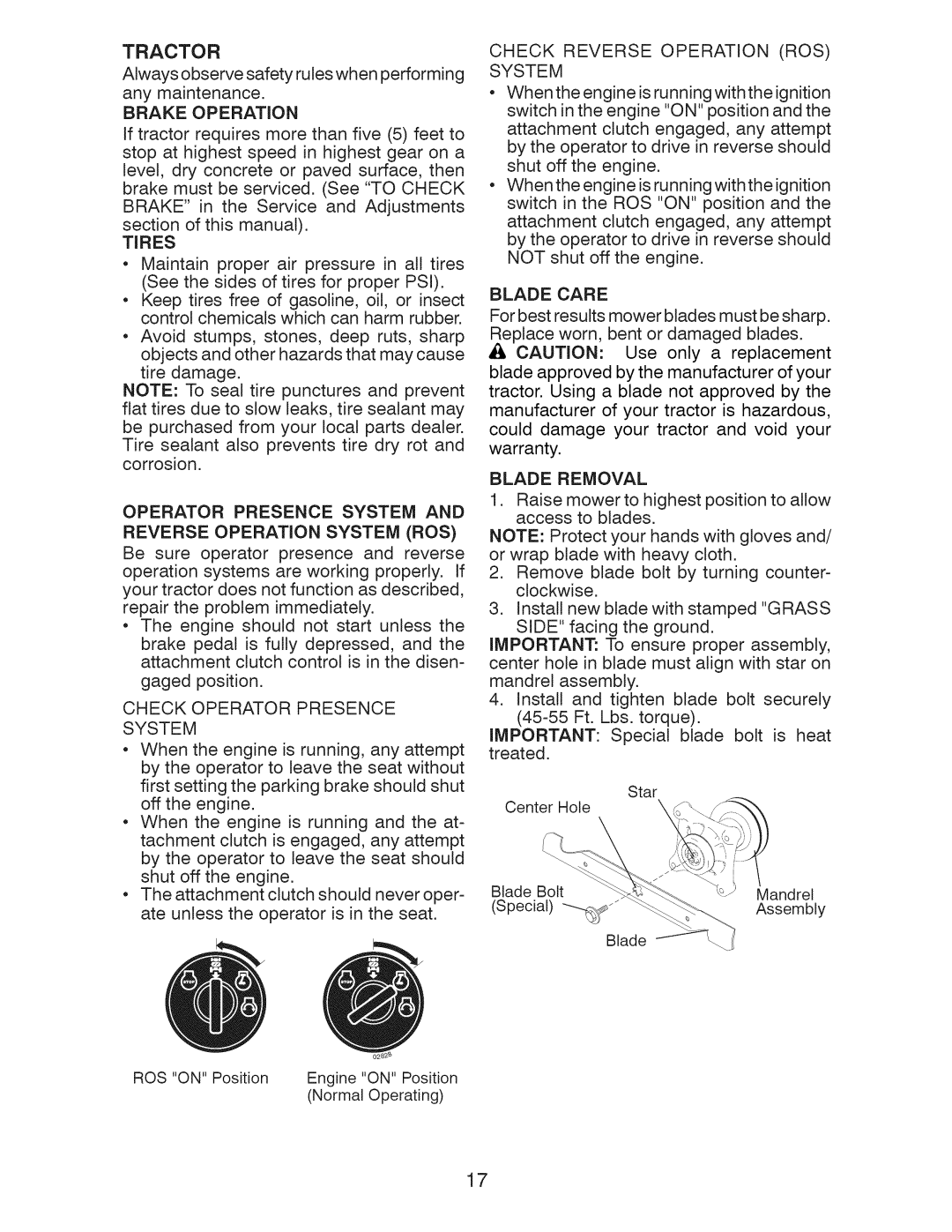 Craftsman 917.289243 manual Tractor, Brake Operation, Tires, Operator Presence System and Reverse Operation System ROS 