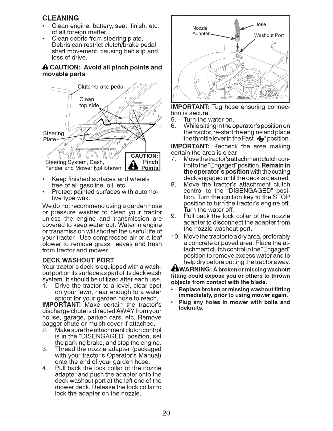 Craftsman 917.289243 manual Movable parts, Deck Washout Port, Cleaning 