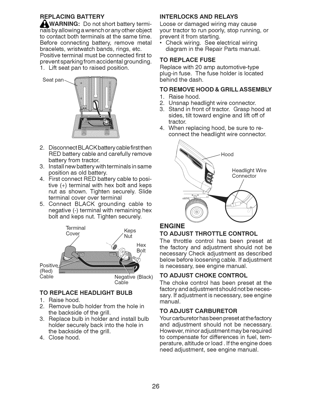 Craftsman 917.289243 manual To Remove Hood & Grill Assembly, Replacing Battery 