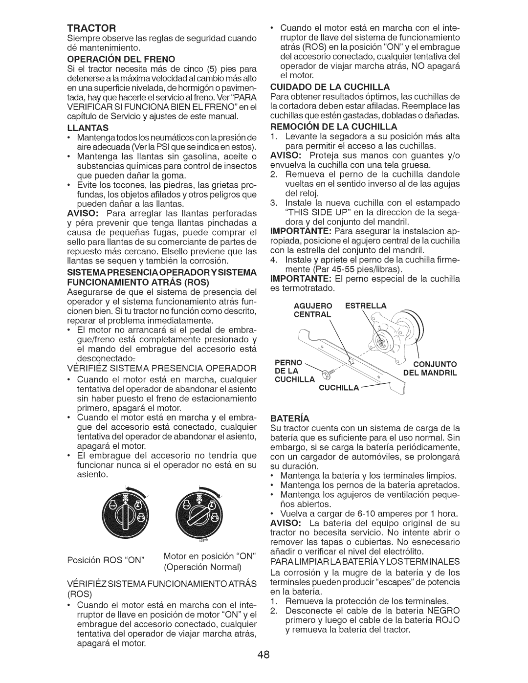 Craftsman 917.289243 manual Tractor, Llantas, VI= Rifiez Sistema Func Ionam Iento AT R/,S ROS 