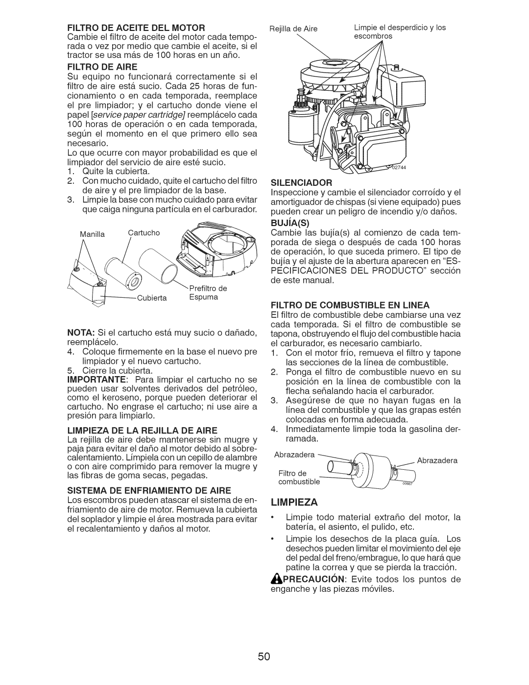 Craftsman 917.289243 manual BUJiAS, Limpieza, Silenciador 